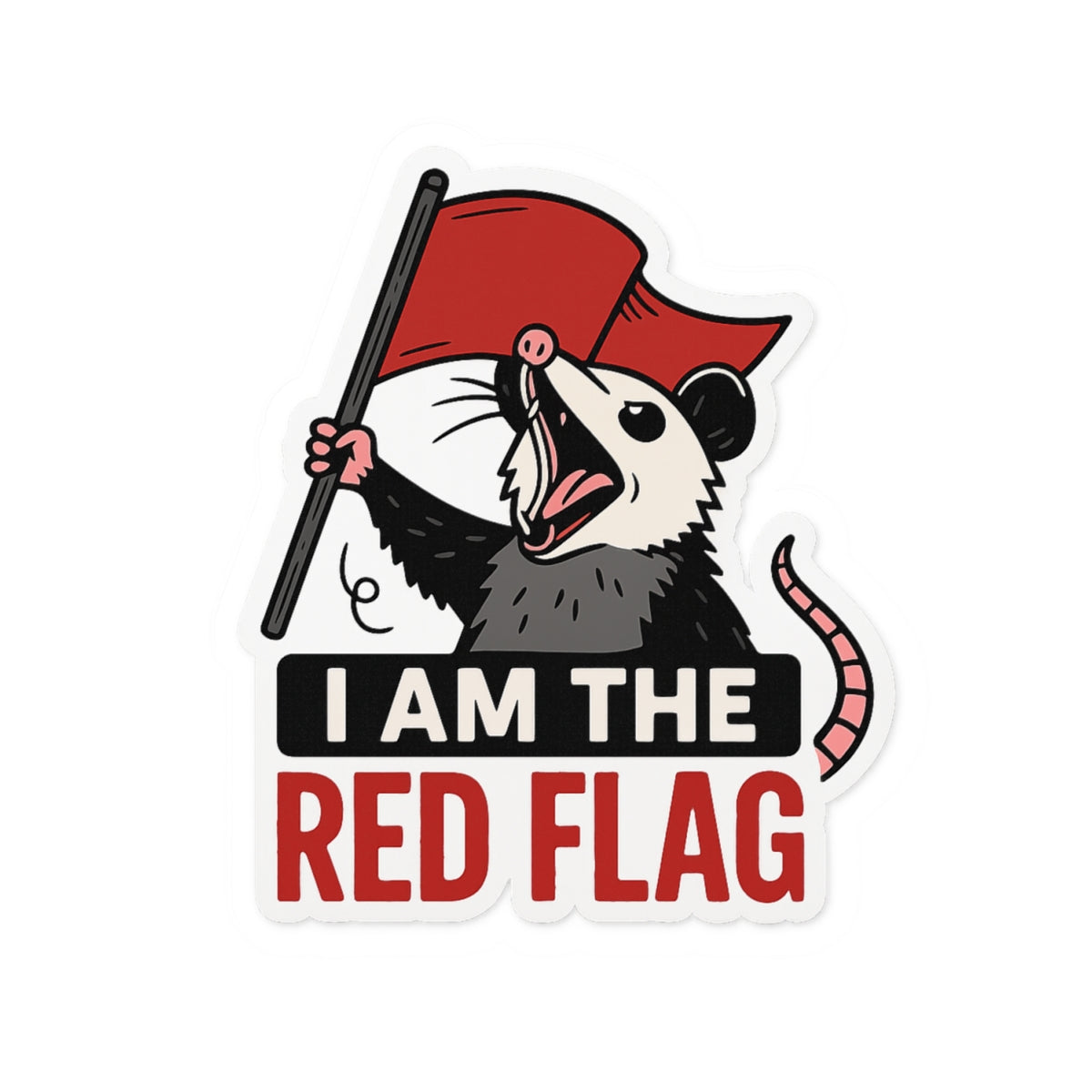 Playful Red Flag Opossum Sticker - Cute Decal for Laptops, Water Bottles, Journals, Gift for Friends, Funny Humor Art