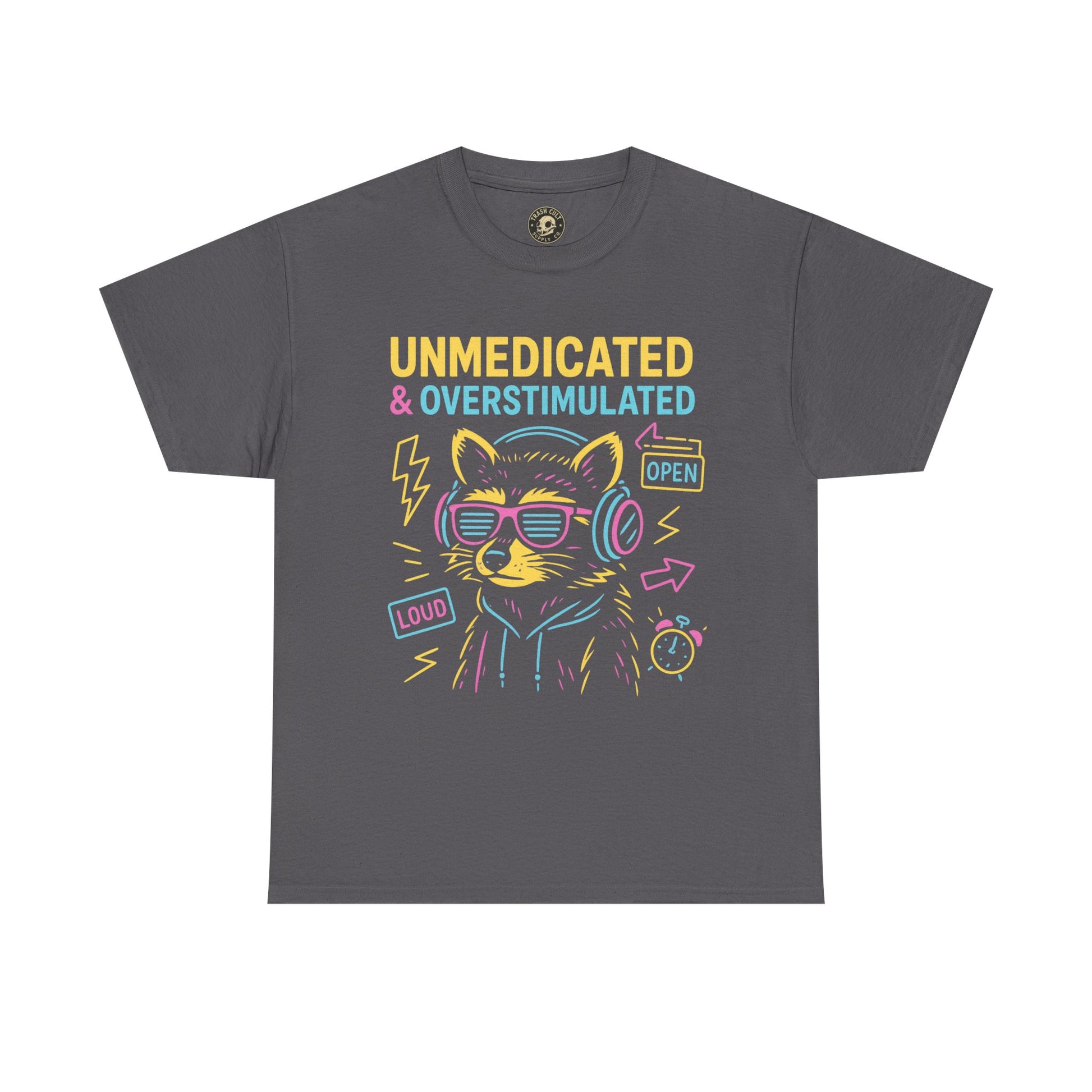 Unmedicated & Overstimulated Neon Raccoon ADHD Shirt – Trash Cult Supply Co. – Gildan 5000