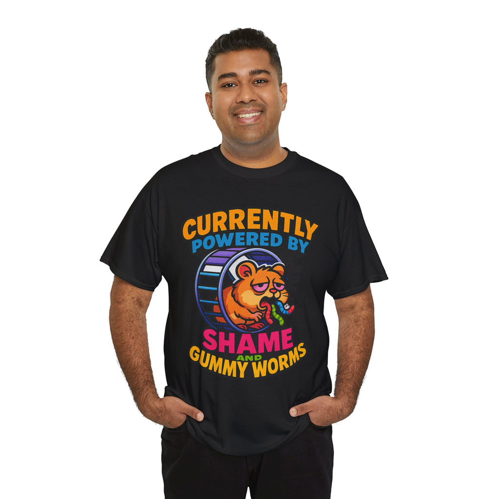 Gummy Worms Shame Tee – Funny Cotton T-Shirt, Powered by Shame & Snacks, Quirky Gift for Animal Lovers