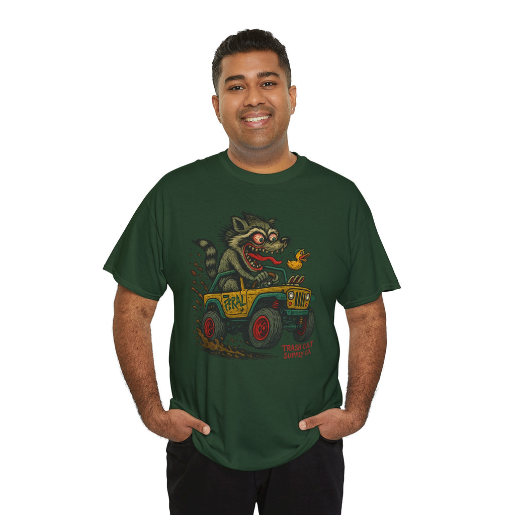 Feral Jeep Raccoon Shirt – Ed Roth Style Off-Road Chaos | Trash Cult Supply Co | Gildan 5000 Tee
