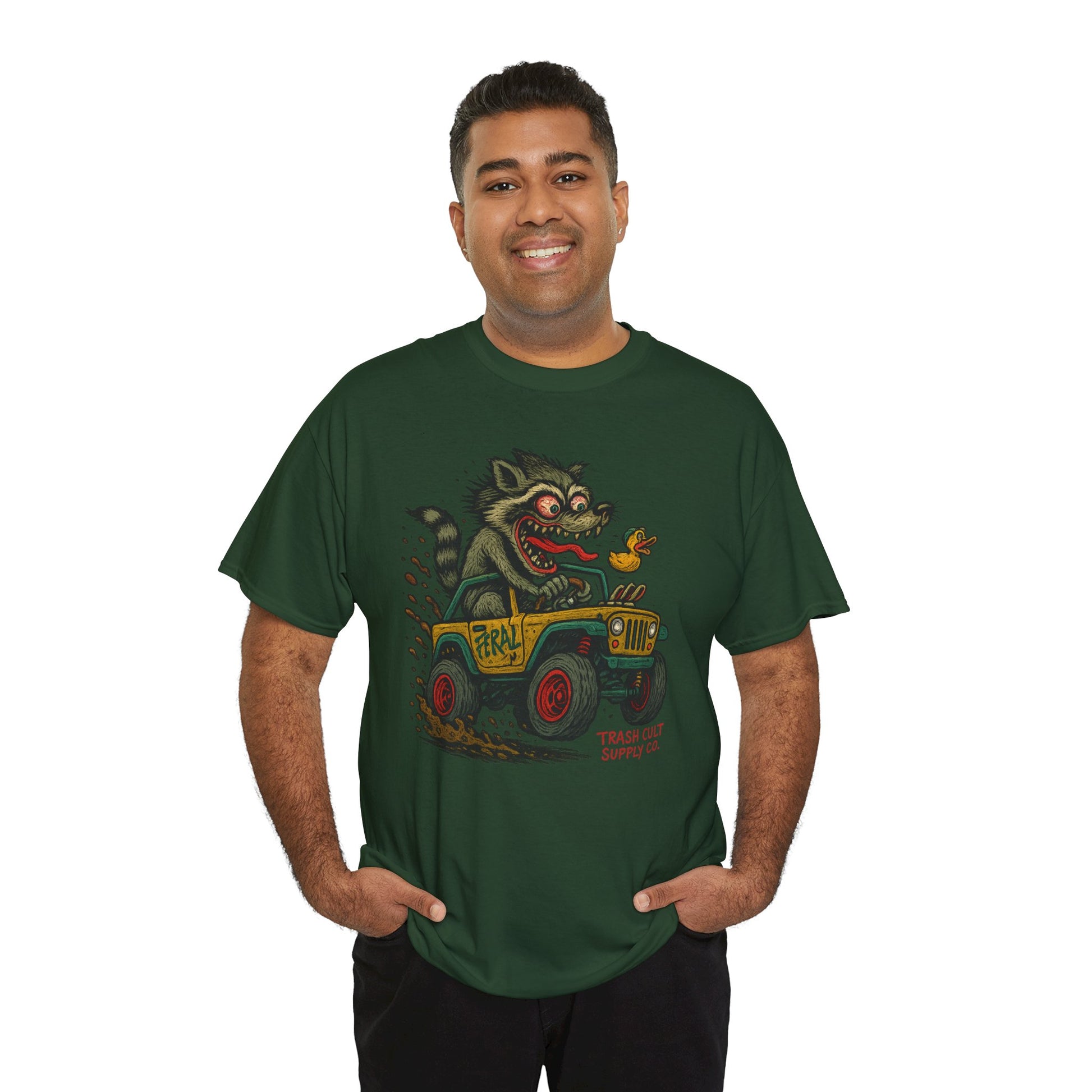 Feral Jeep Raccoon Shirt – Ed Roth Style Off-Road Chaos | Trash Cult Supply Co | Gildan 5000 Tee