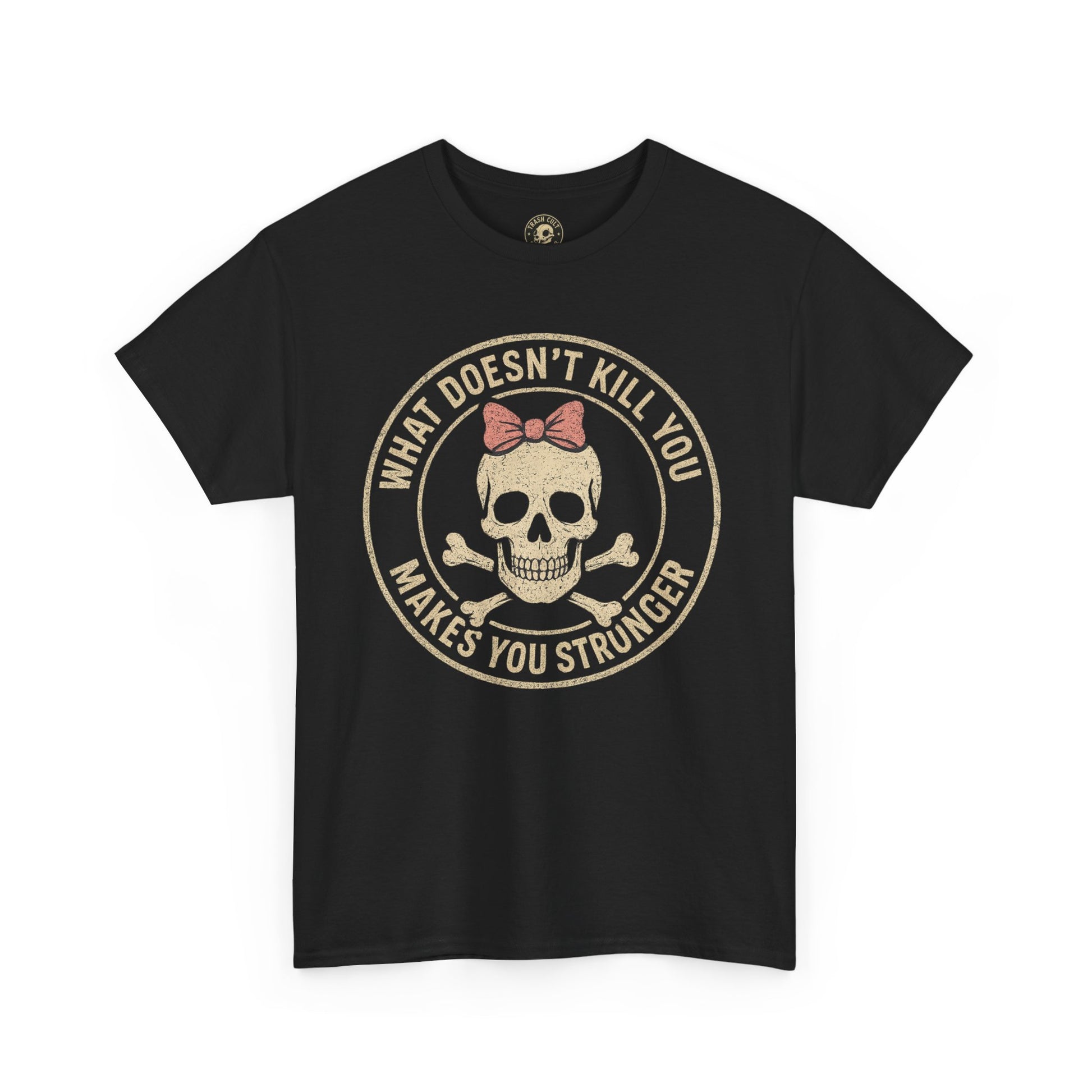 “What Doesn’t Kill You Makes You Stronger” Skull & Bow T-Shirt – Vintage Grunge Graphic | Gildan 5000