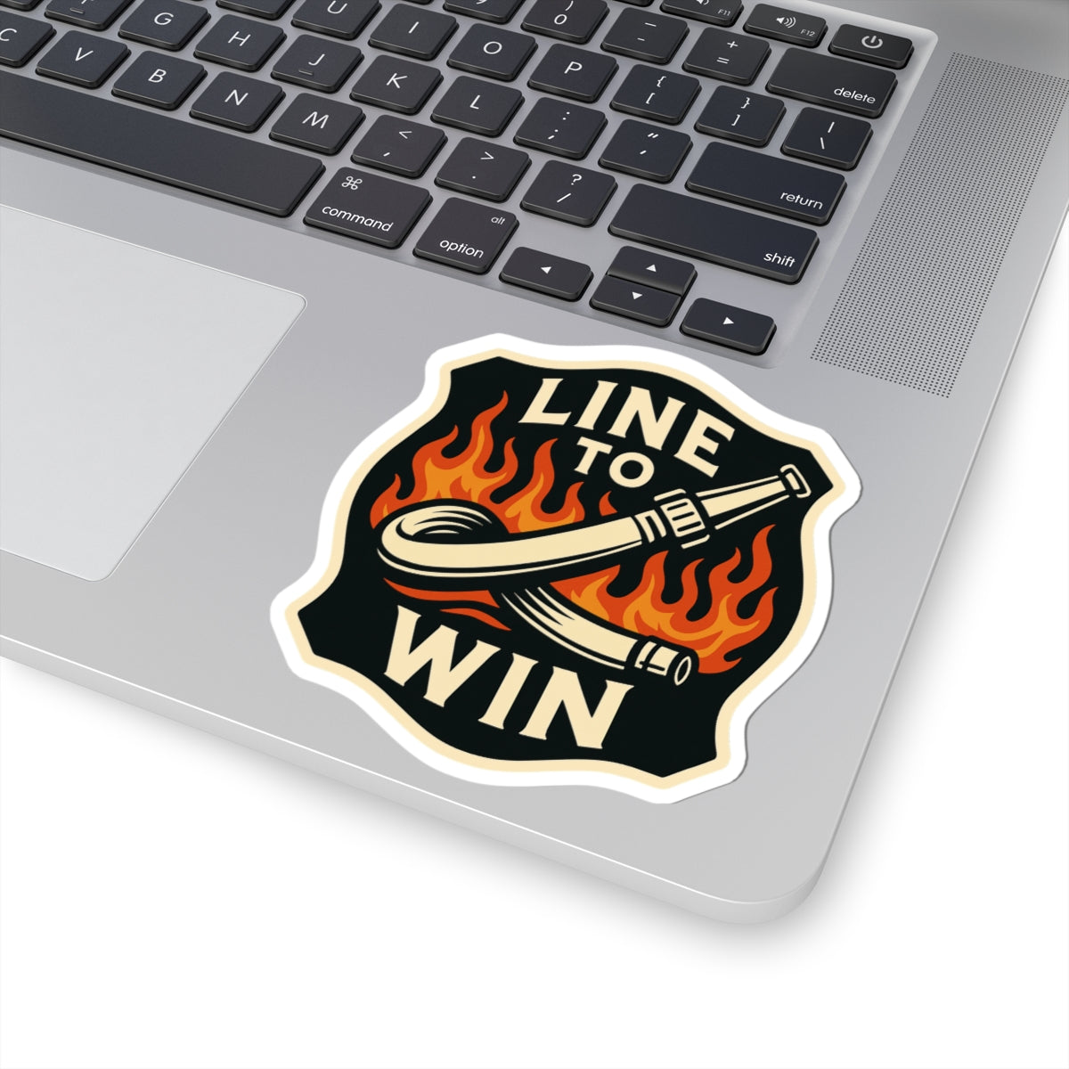 Line to Win – Bold Firefighter Sticker – Kiss-Cut Glossy Vinyl Decal with Fire Hose and Flame Design