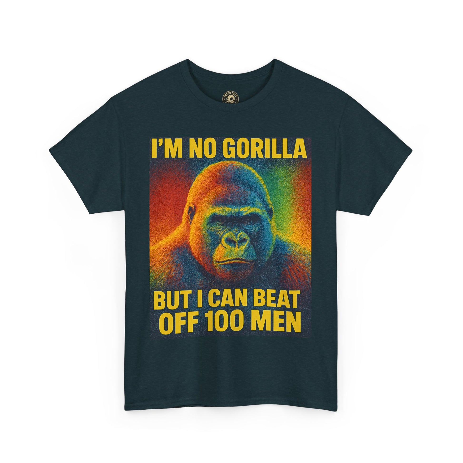 I’m No Gorilla But I Can Beat Off 100 Men Shirt – Multicolor Halftone Gorilla Tee on Gildan 5000