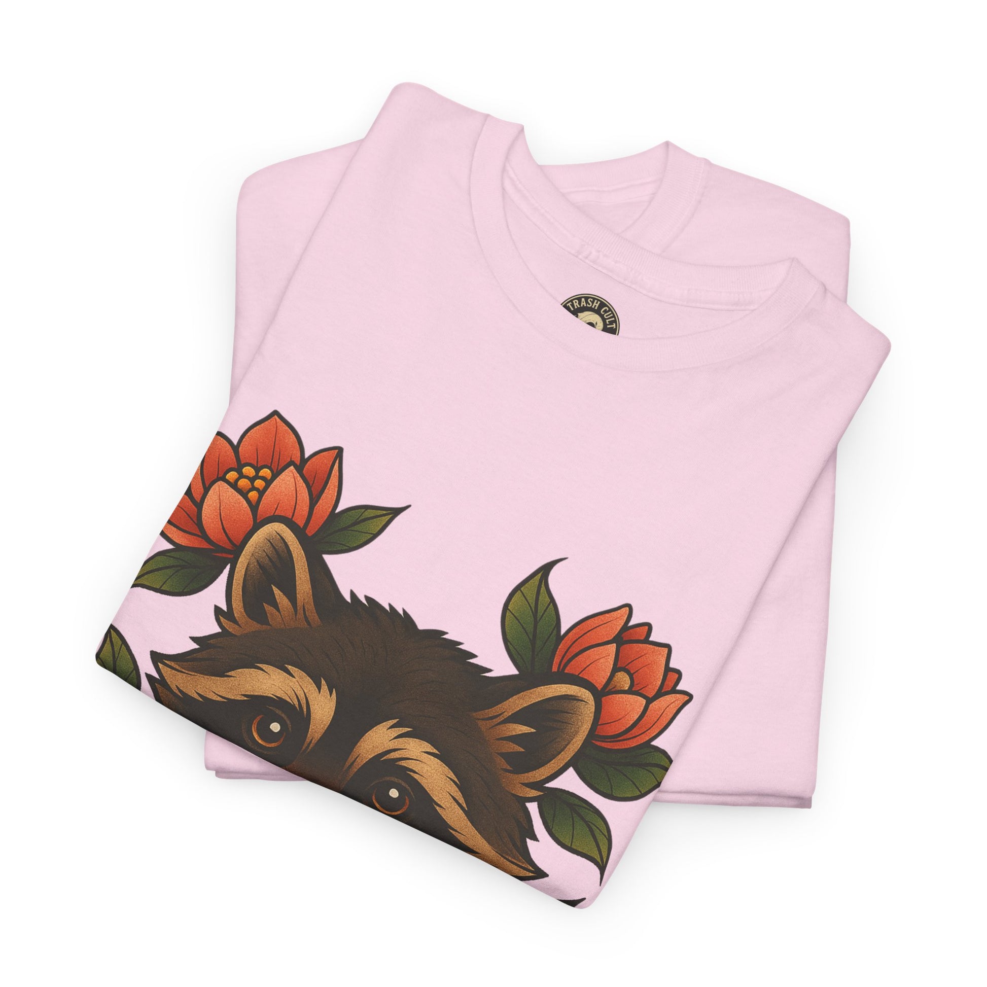 Neo-Traditional Raccoon & Lotus Tattoo Shirt – Trash Cult Supply Co. – Gildan 5000