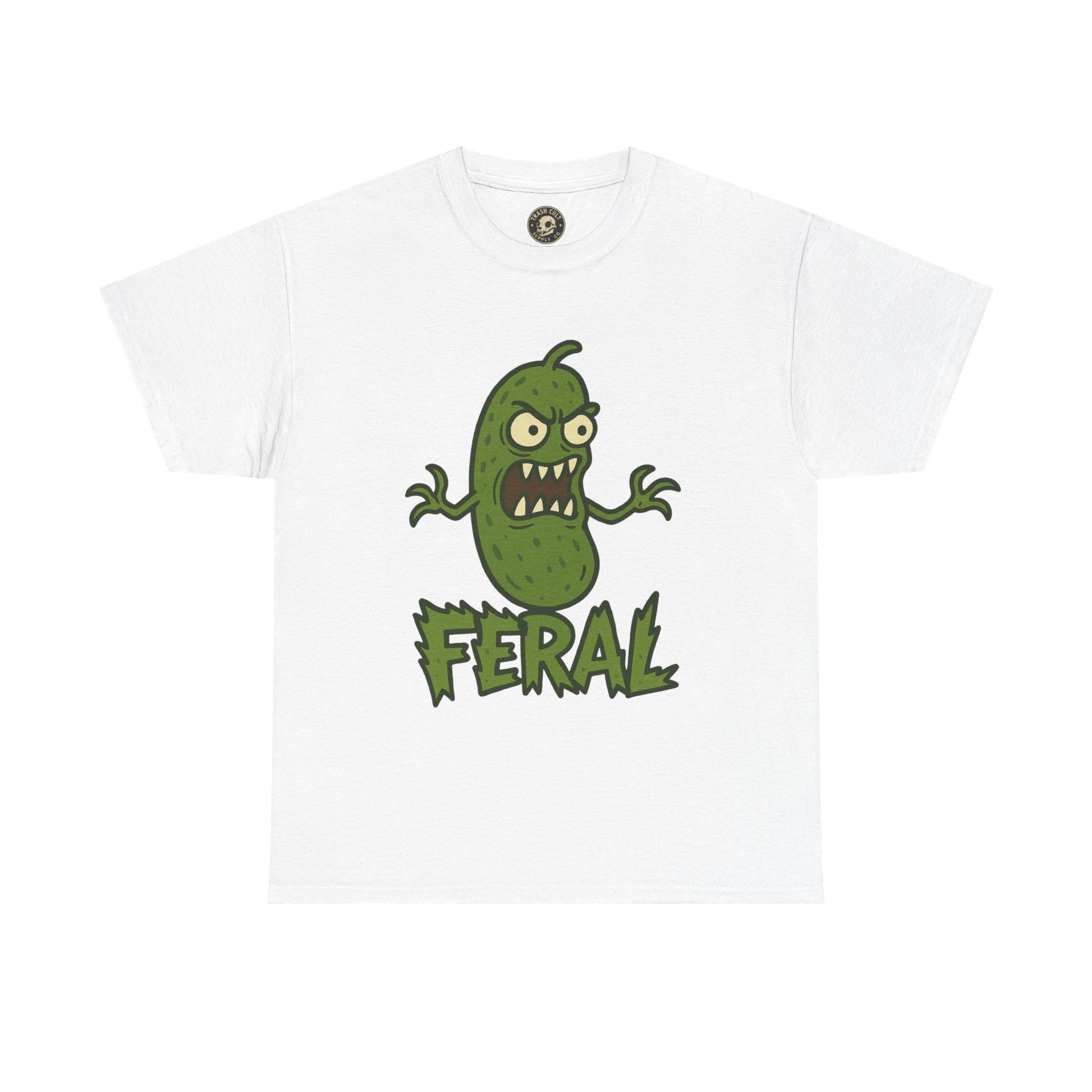 Feral Pickle Cartoon Tee – Trashcore Angry Pickle Shirt – Gildan 5000 Unisex Heavy Cotton