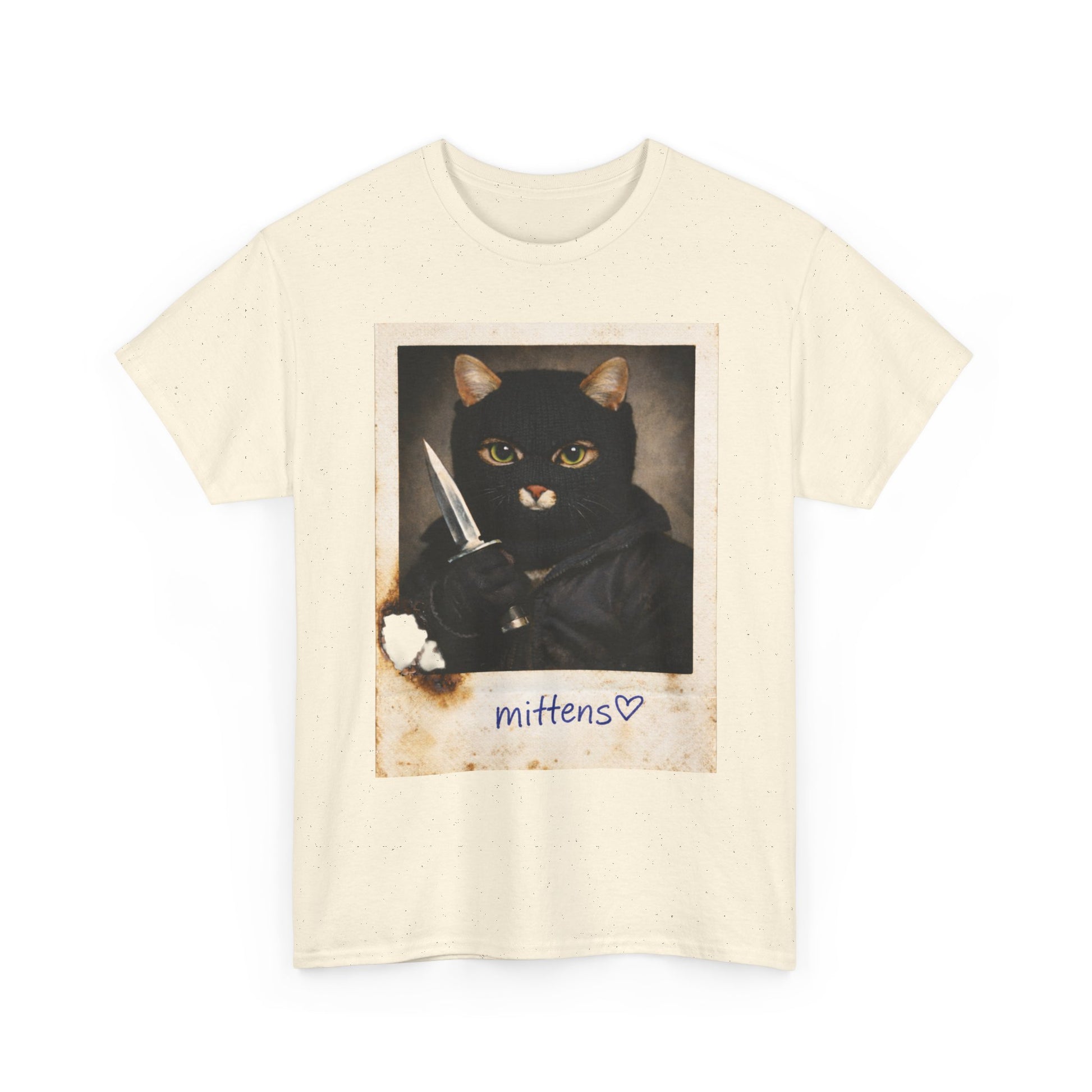 Cat With Knife Tee — "Mittens" Dark Humor Vintage Polaroid Graphic T-Shirt