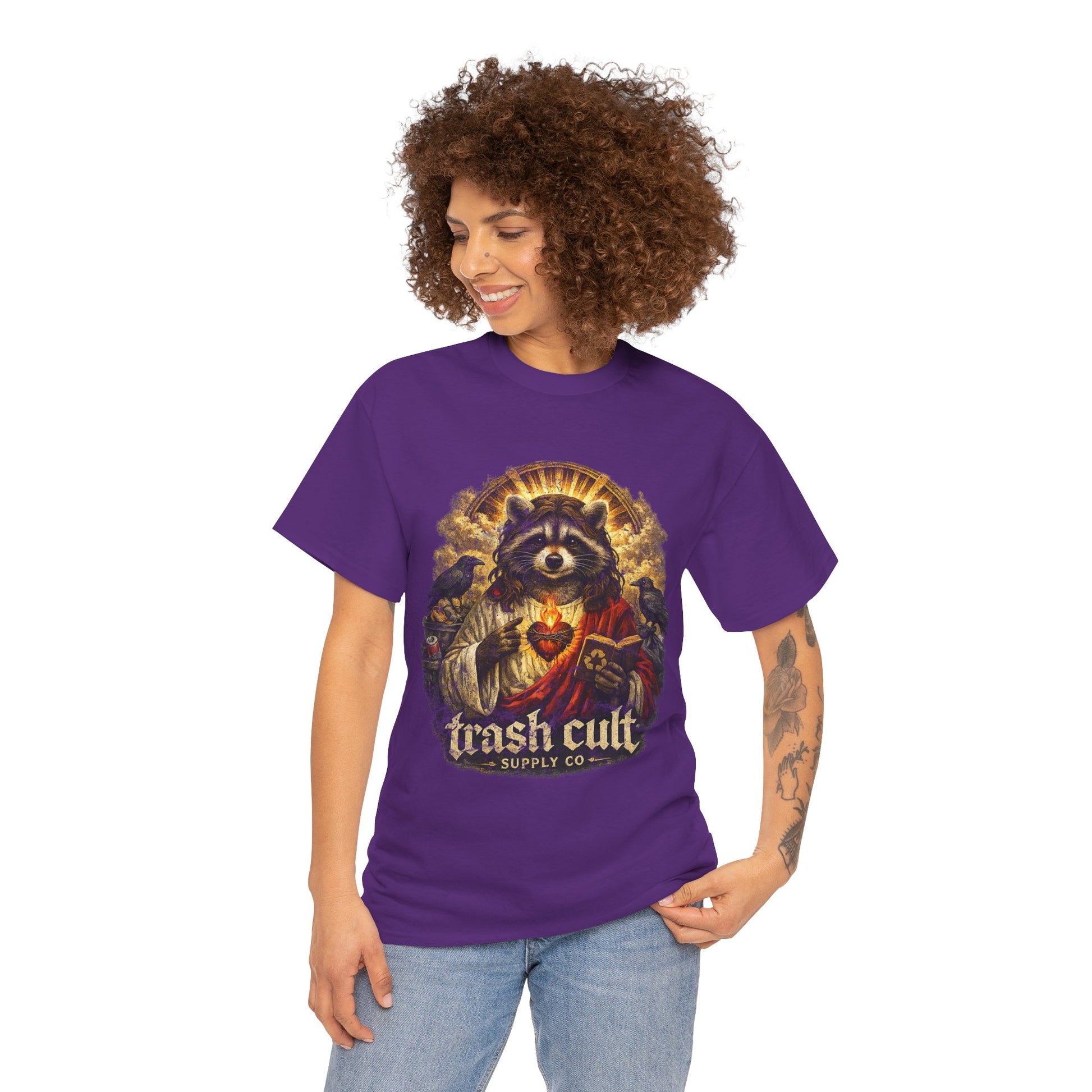 Raccoon Saint Graphic Tee — “Trash Cult” Vintage Devotional Design