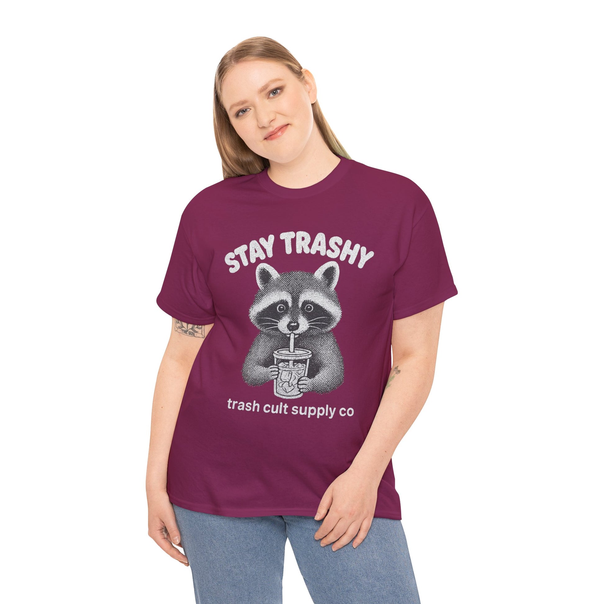 Stay Trashy Raccoon Iced Coffee Shirt – Halftone All White Design | Trash Cult Supply Co.