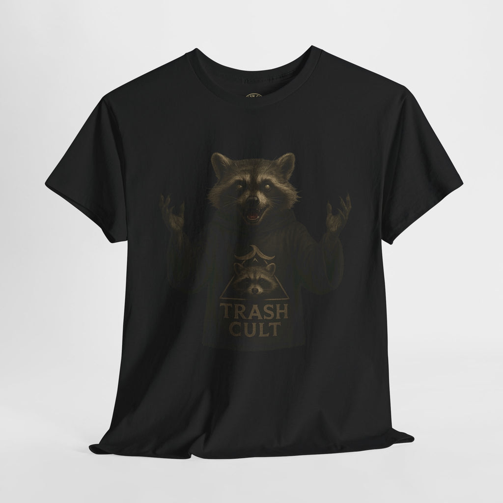 Raccoon Cult Leader Shirt – Trash Cult Unhinged Mascot Tee for Dark Fabrics | Gildan 5000