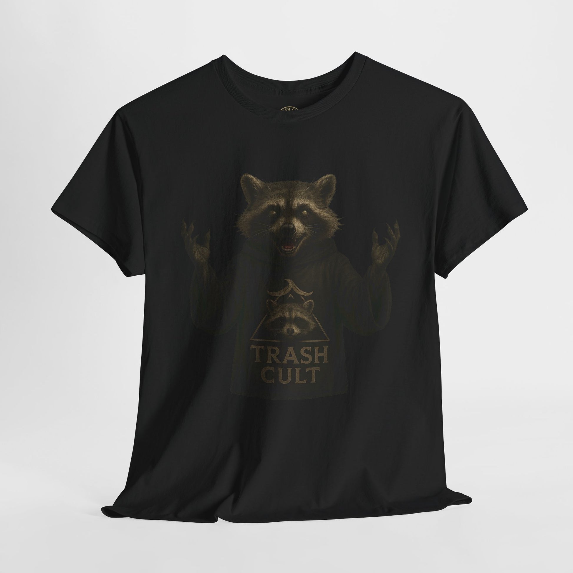 Raccoon Cult Leader Shirt – Trash Cult Unhinged Mascot Tee for Dark Fabrics | Gildan 5000