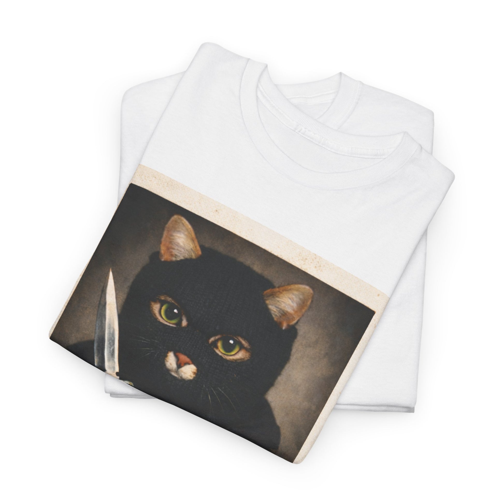 Cat With Knife Tee — "Mittens" Dark Humor Vintage Polaroid Graphic T-Shirt
