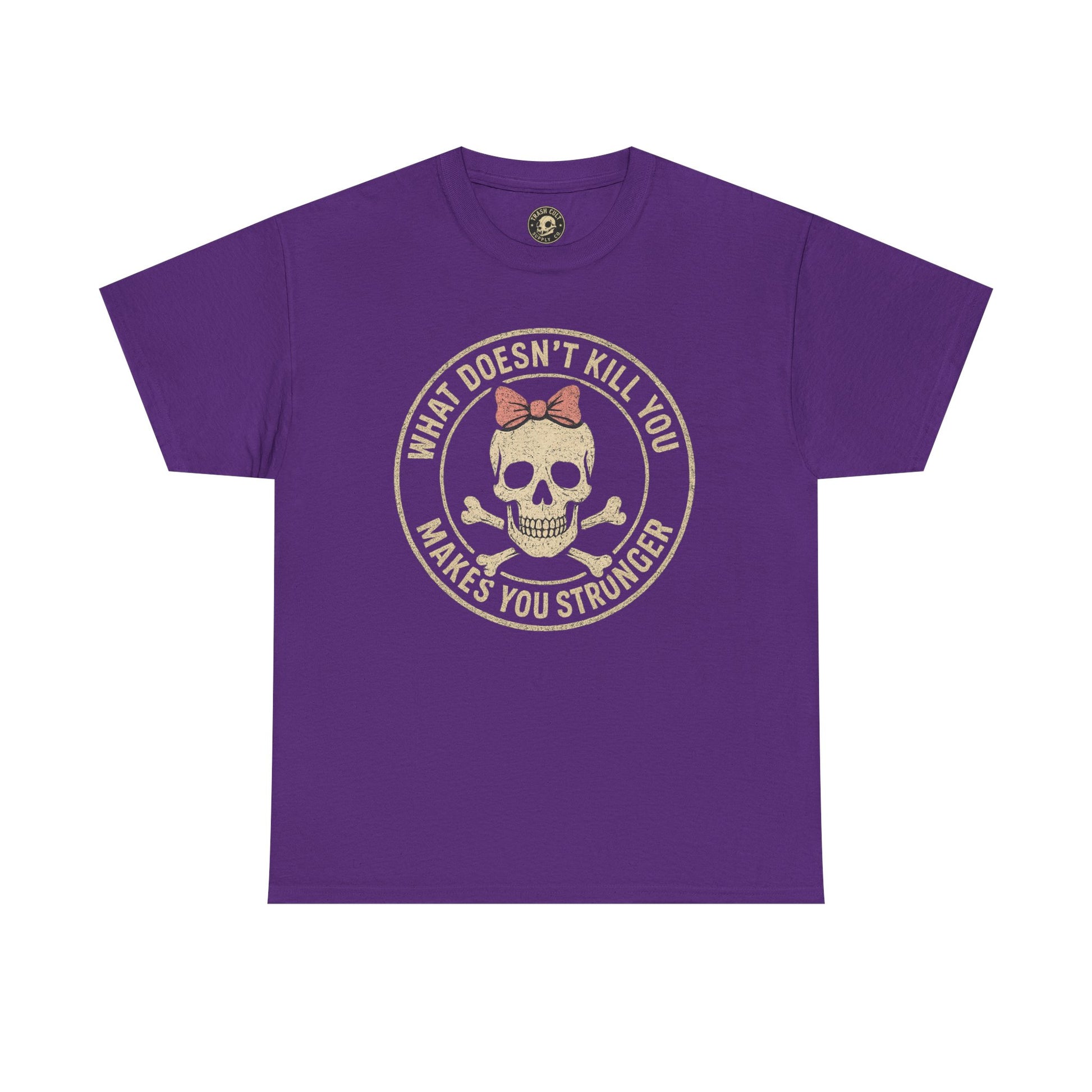 “What Doesn’t Kill You Makes You Stronger” Skull & Bow T-Shirt – Vintage Grunge Graphic | Gildan 5000
