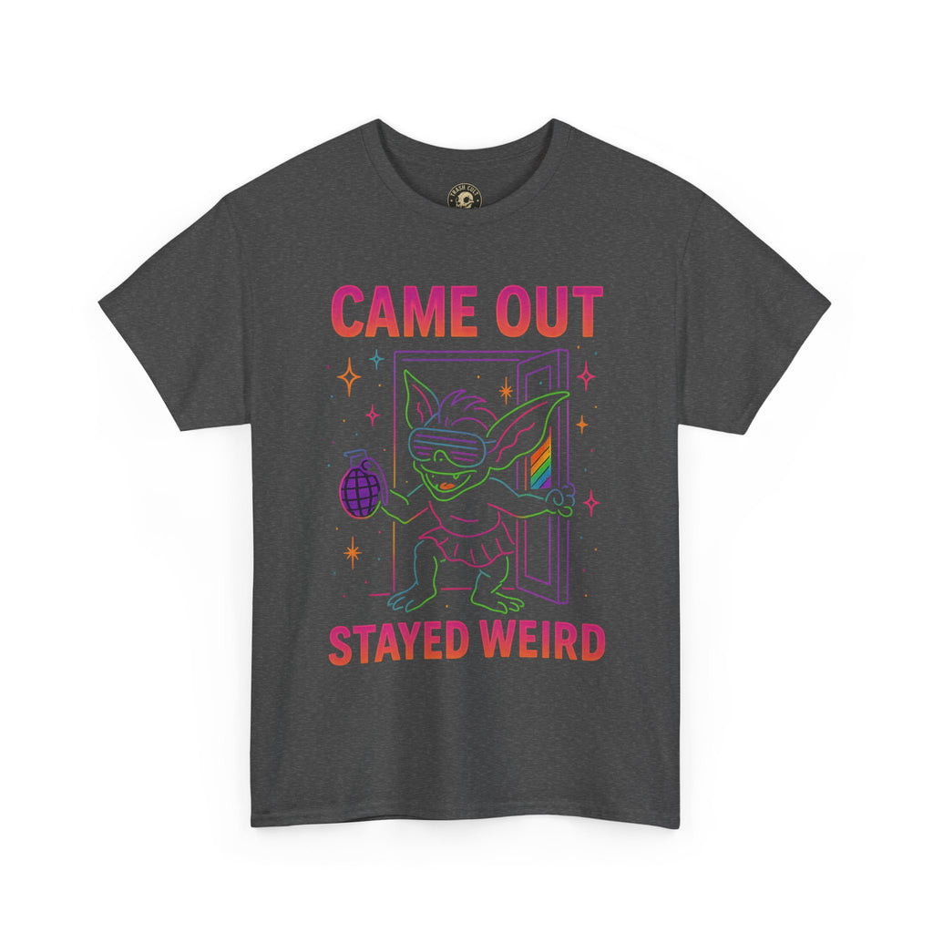 Came Out, Stayed Weird – Neon Gremlin Pride T-Shirt | Gildan Unisex Heavy Cotton Tee | LGBTQ+ Graphic Shirt