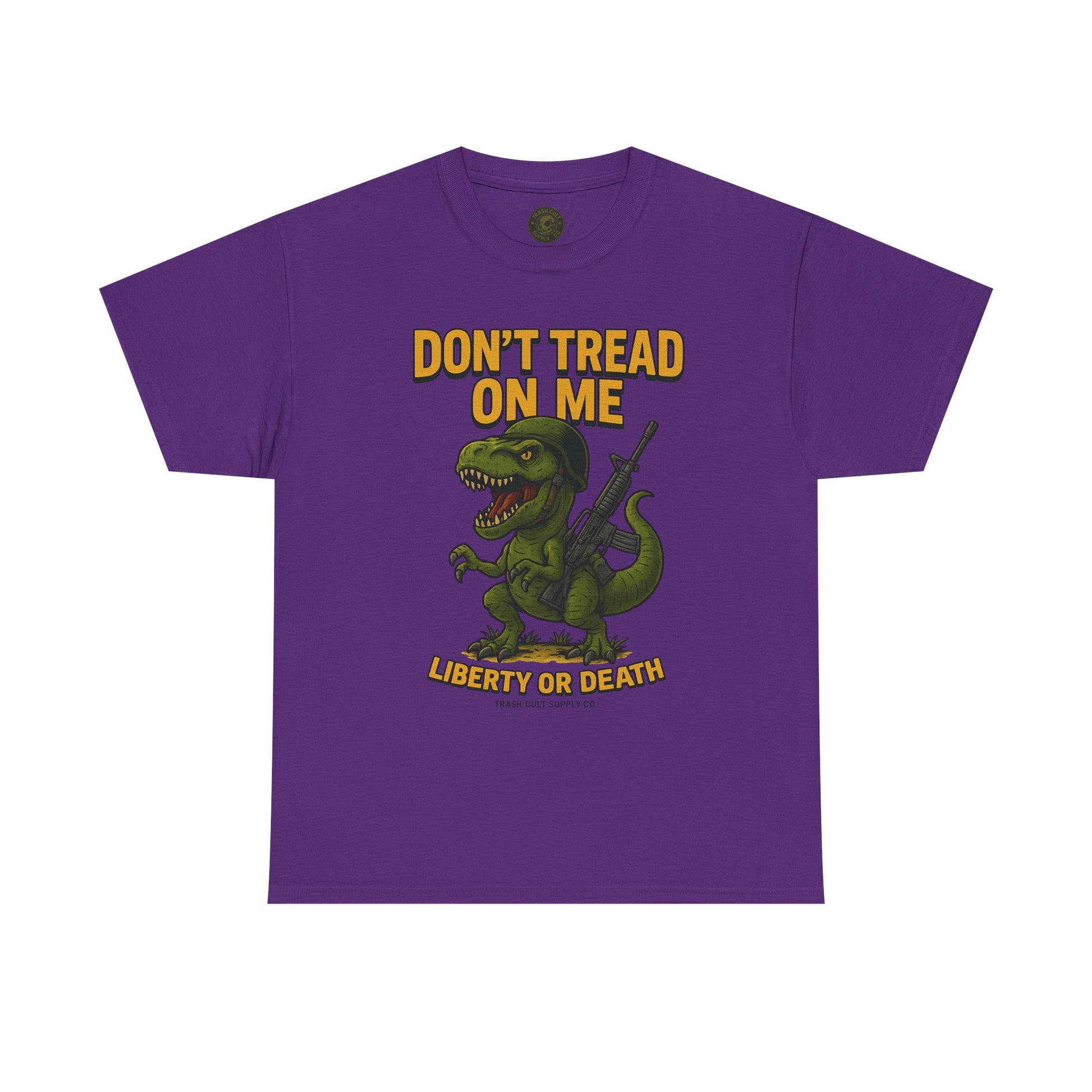 Don’t Tread On Me T-Rex T-Shirt – Liberty or Death Graphic | Trash Cult Supply Co. | Gildan 5000 Heavy Cotton