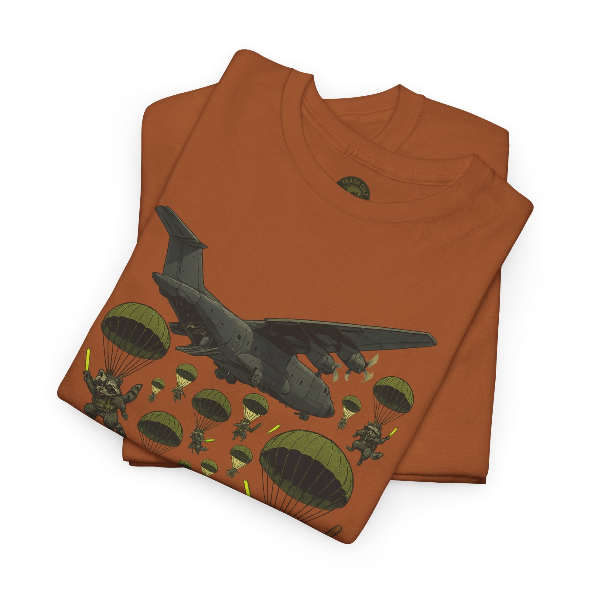 Deploy the Ferals T-Shirt – Airborne Raccoon Drop Graphic | Trash Cult Supply Co. | Gildan 5000 Heavy Cotton Tee