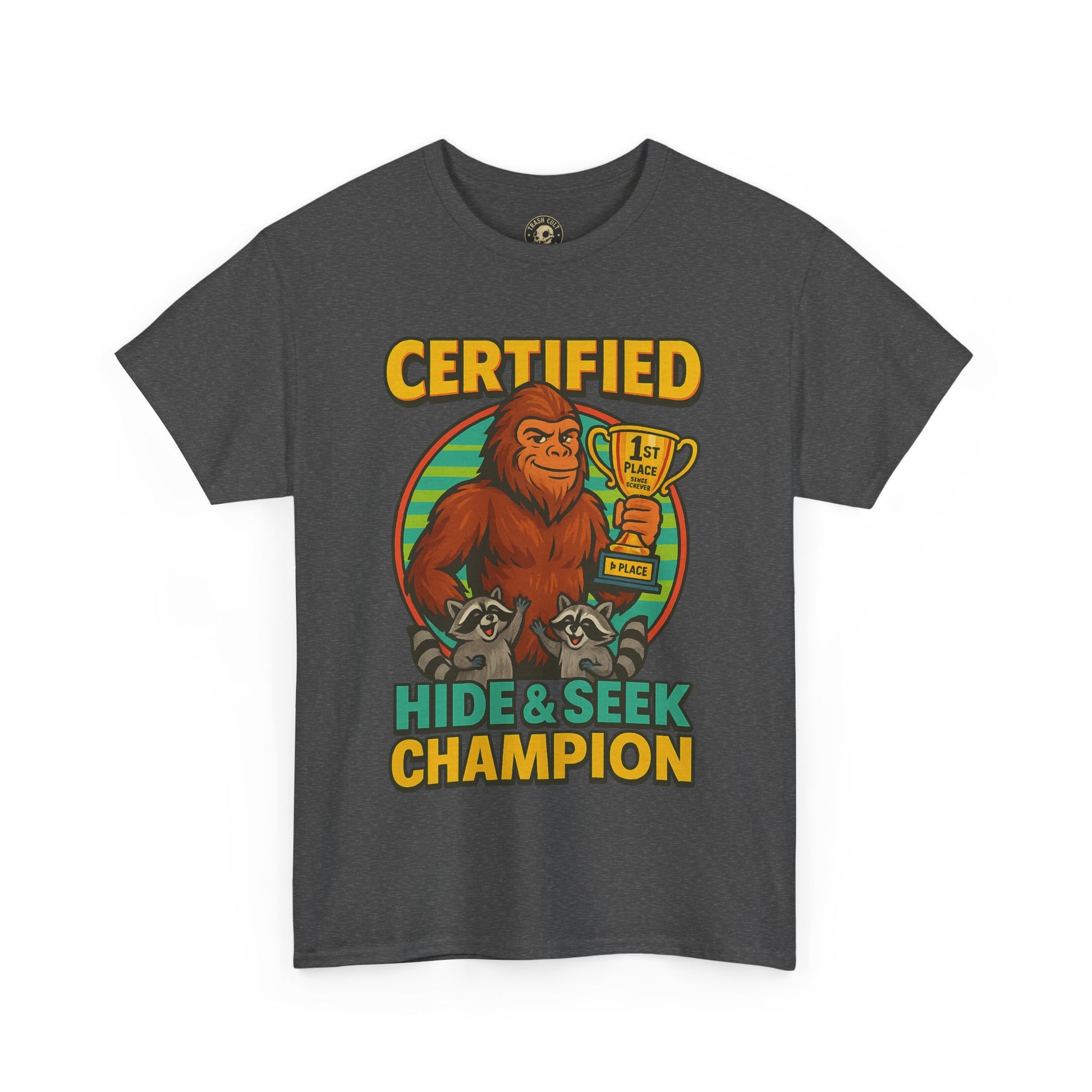 Certified Hide & Seek Champion Bigfoot T-Shirt – Funny Cryptid Shirt – Raccoon Forest Meme Tee – Gildan 5000