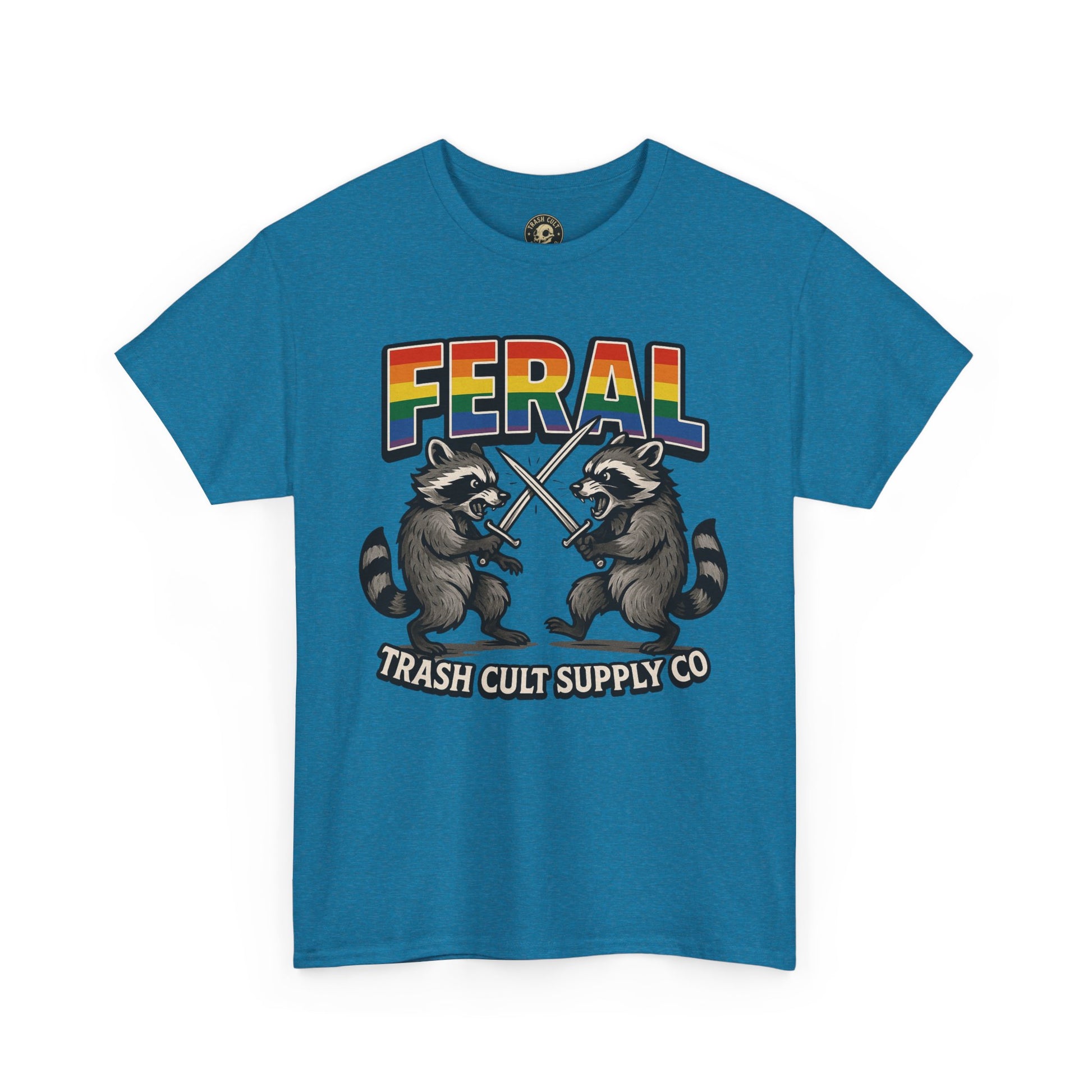 FERAL Rainbow Raccoon Sword Fighting Graphic Tee – Gildan 5000 Heavy Cotton