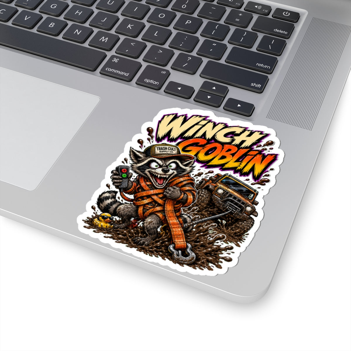 Winch Goblin Sticker — Off‑Road Raccoon Winching Decal