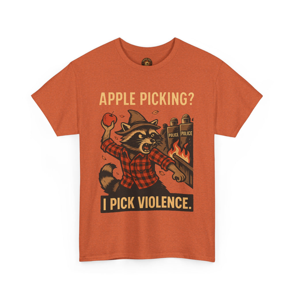 Apple Picking? I Pick Violence Shirt – Angry Raccoon Riot Tee – Fall of Humanity Collection – Trash Cult Supply Co.