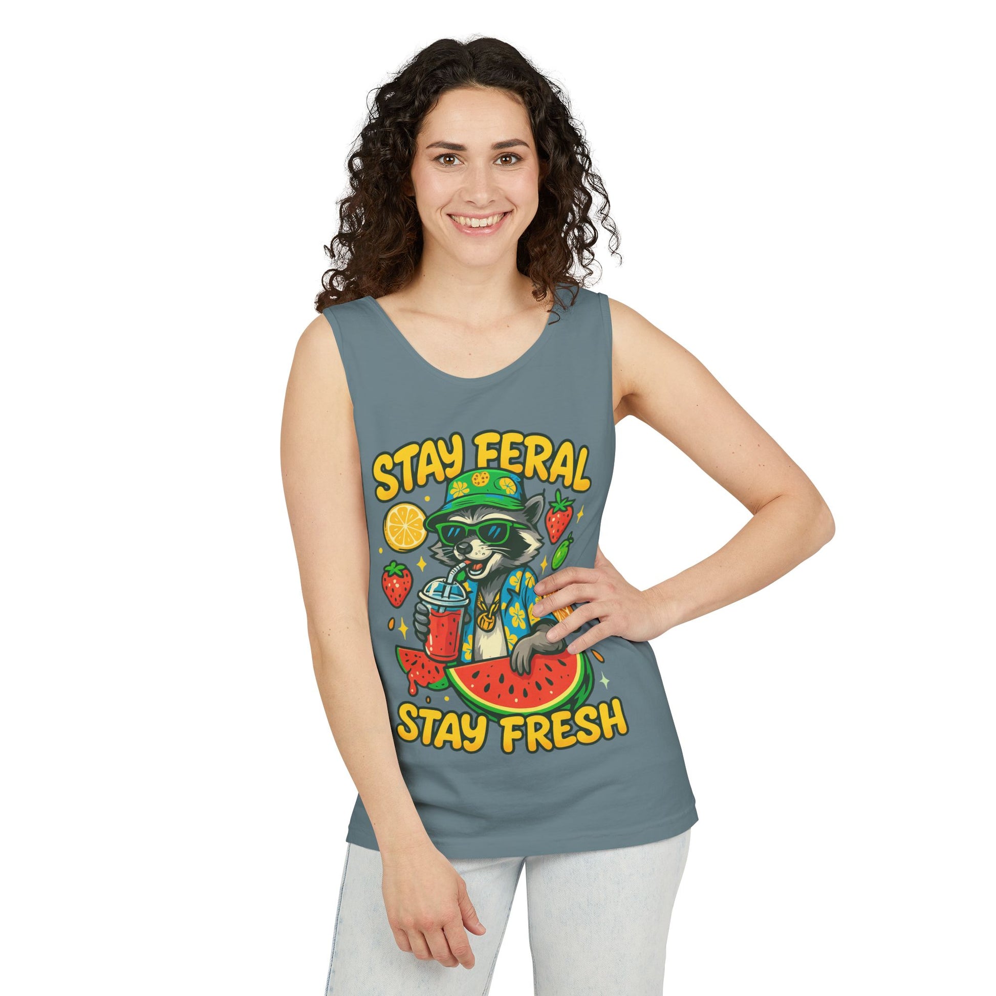 Stay Feral Stay Fresh Tank Top, Summer Apparel, Unisex Graphic Tee, Beachwear, Fun Gift for Animal Lovers