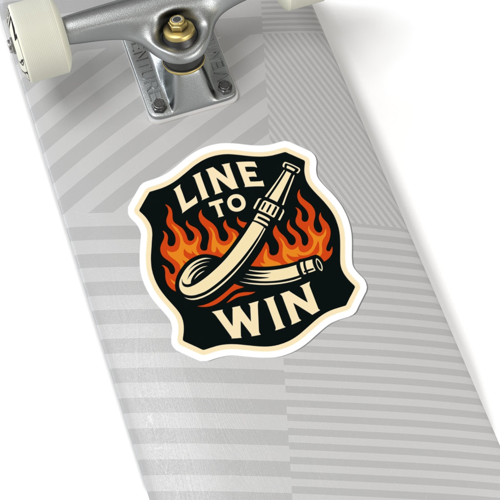 Line to Win – Bold Firefighter Sticker – Kiss-Cut Glossy Vinyl Decal with Fire Hose and Flame Design