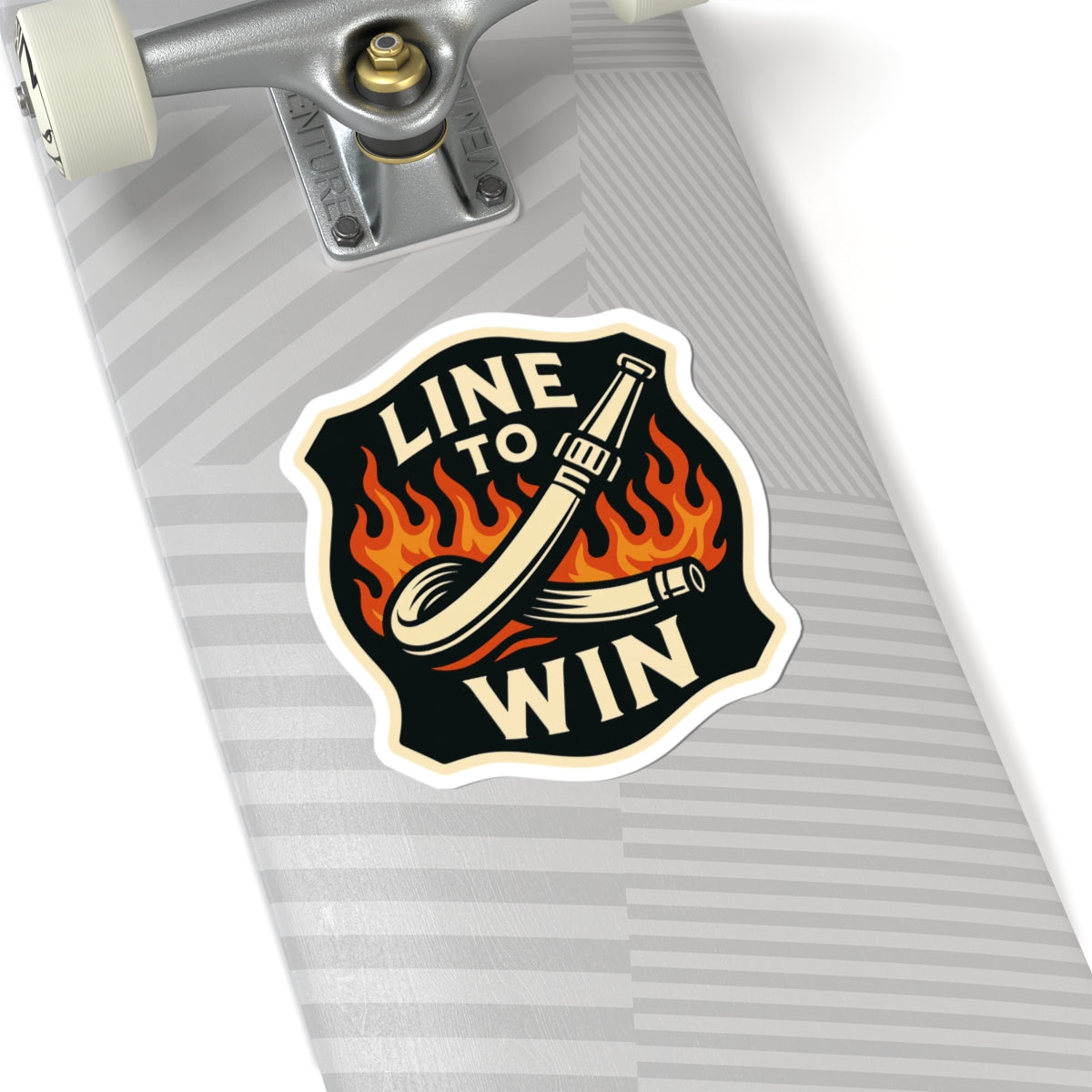 Line to Win – Bold Firefighter Sticker – Kiss-Cut Glossy Vinyl Decal with Fire Hose and Flame Design