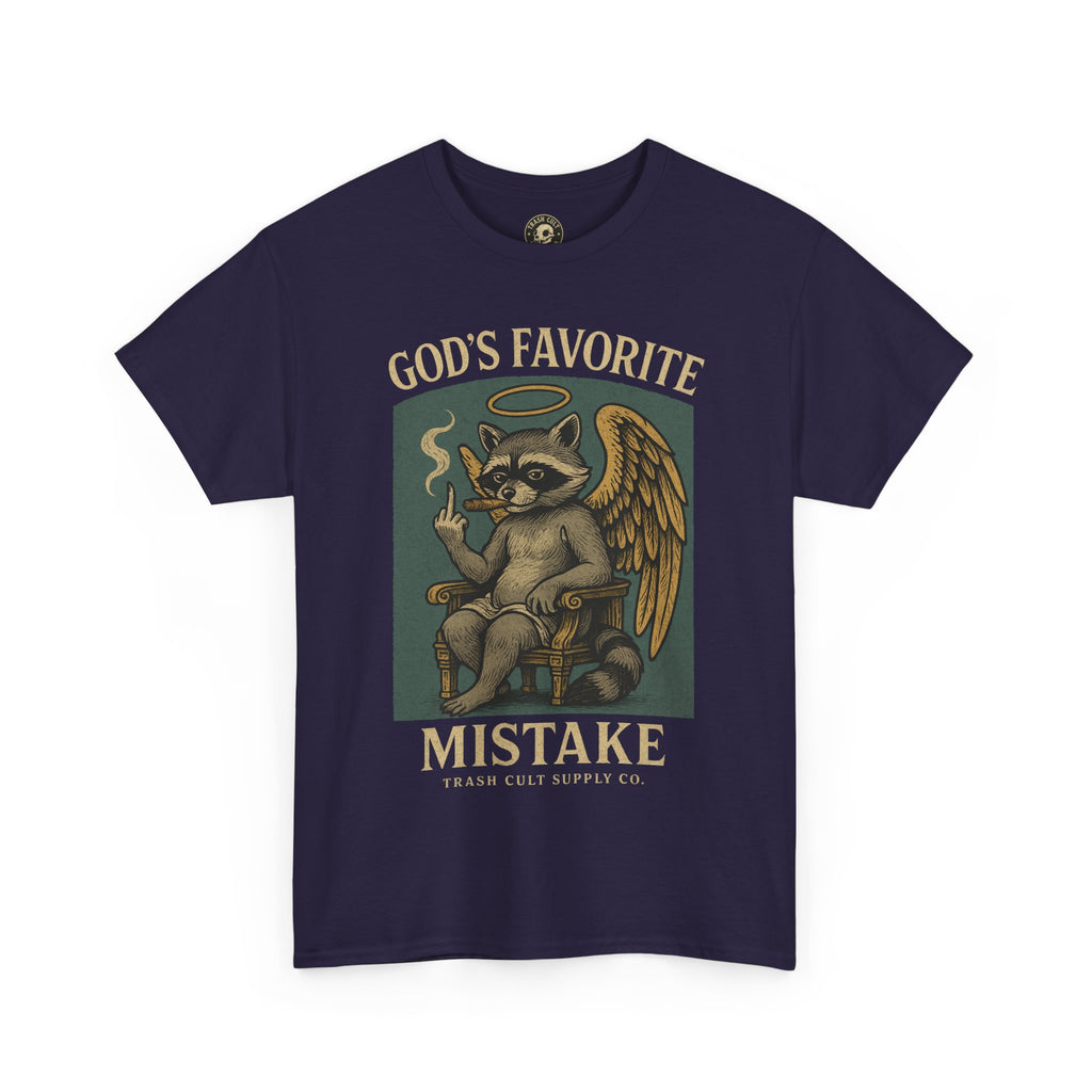 God’s Favorite Mistake Shirt – Raccoon Angel Flipping the Bird by Trash Cult Supply Co.