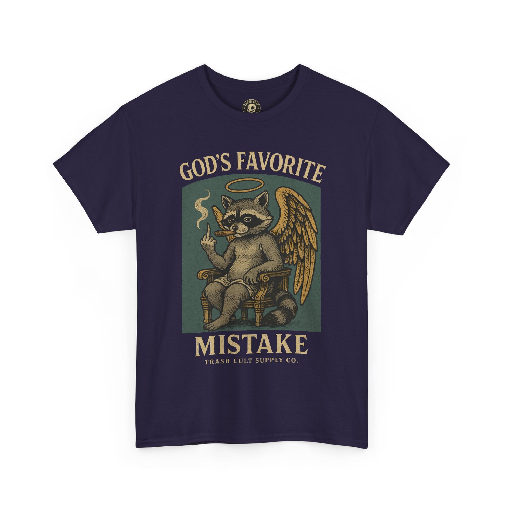 God’s Favorite Mistake Shirt – Raccoon Angel Flipping the Bird by Trash Cult Supply Co.