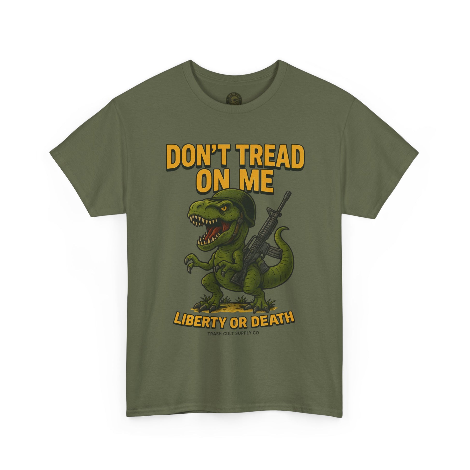 Don’t Tread On Me T-Rex T-Shirt – Liberty or Death Graphic | Trash Cult Supply Co. | Gildan 5000 Heavy Cotton