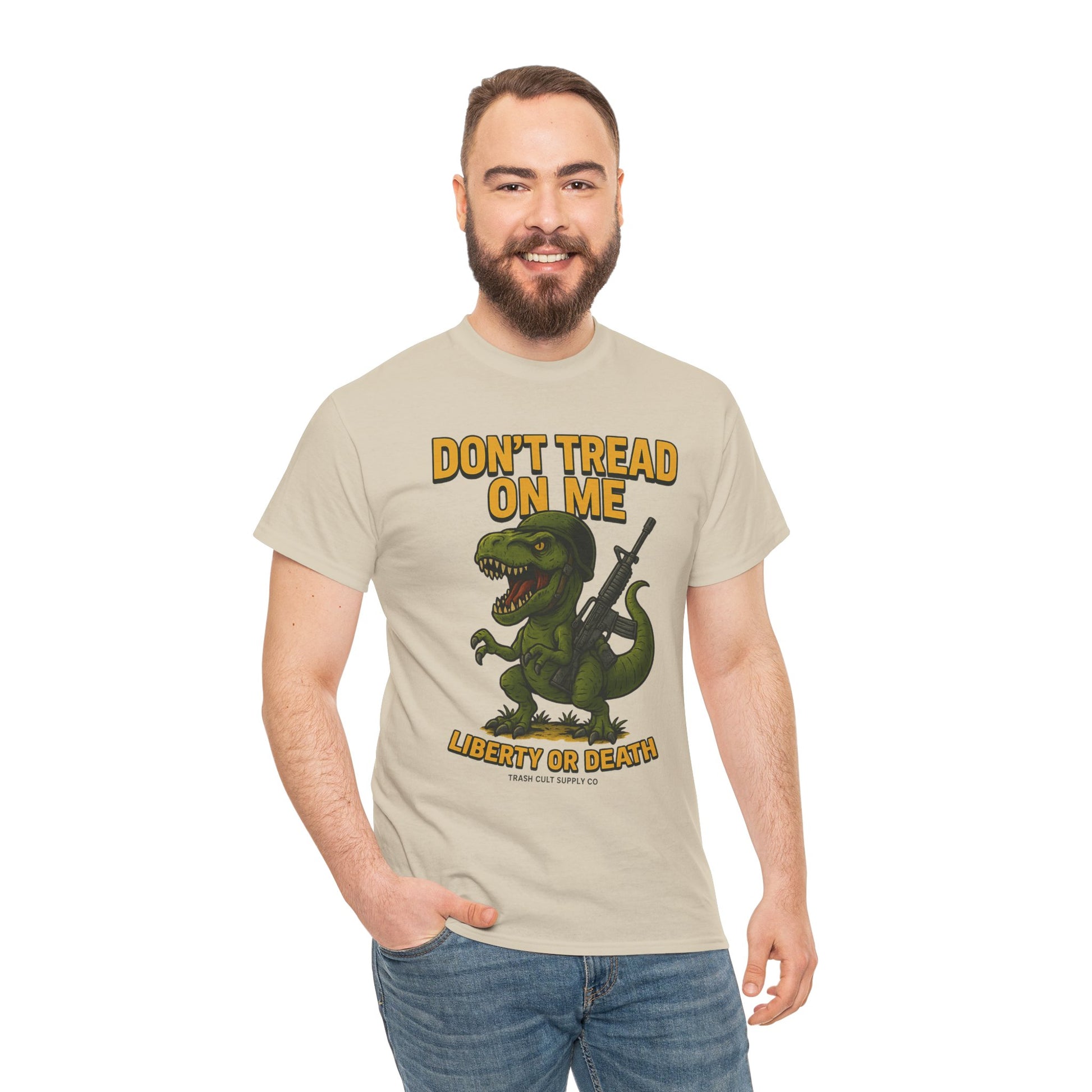 Don’t Tread On Me T-Rex T-Shirt – Liberty or Death Graphic | Trash Cult Supply Co. | Gildan 5000 Heavy Cotton