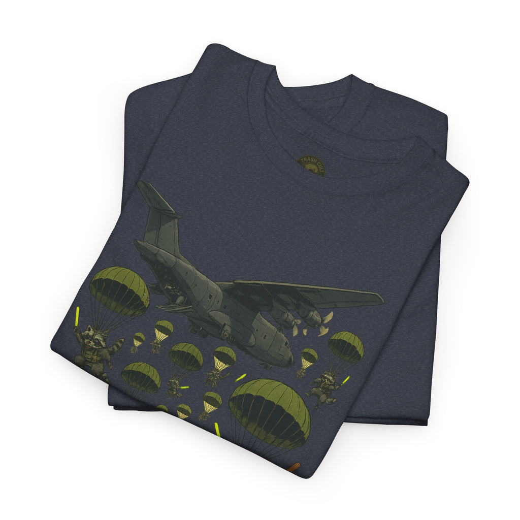 Deploy the Ferals T-Shirt – Airborne Raccoon Drop Graphic | Trash Cult Supply Co. | Gildan 5000 Heavy Cotton Tee