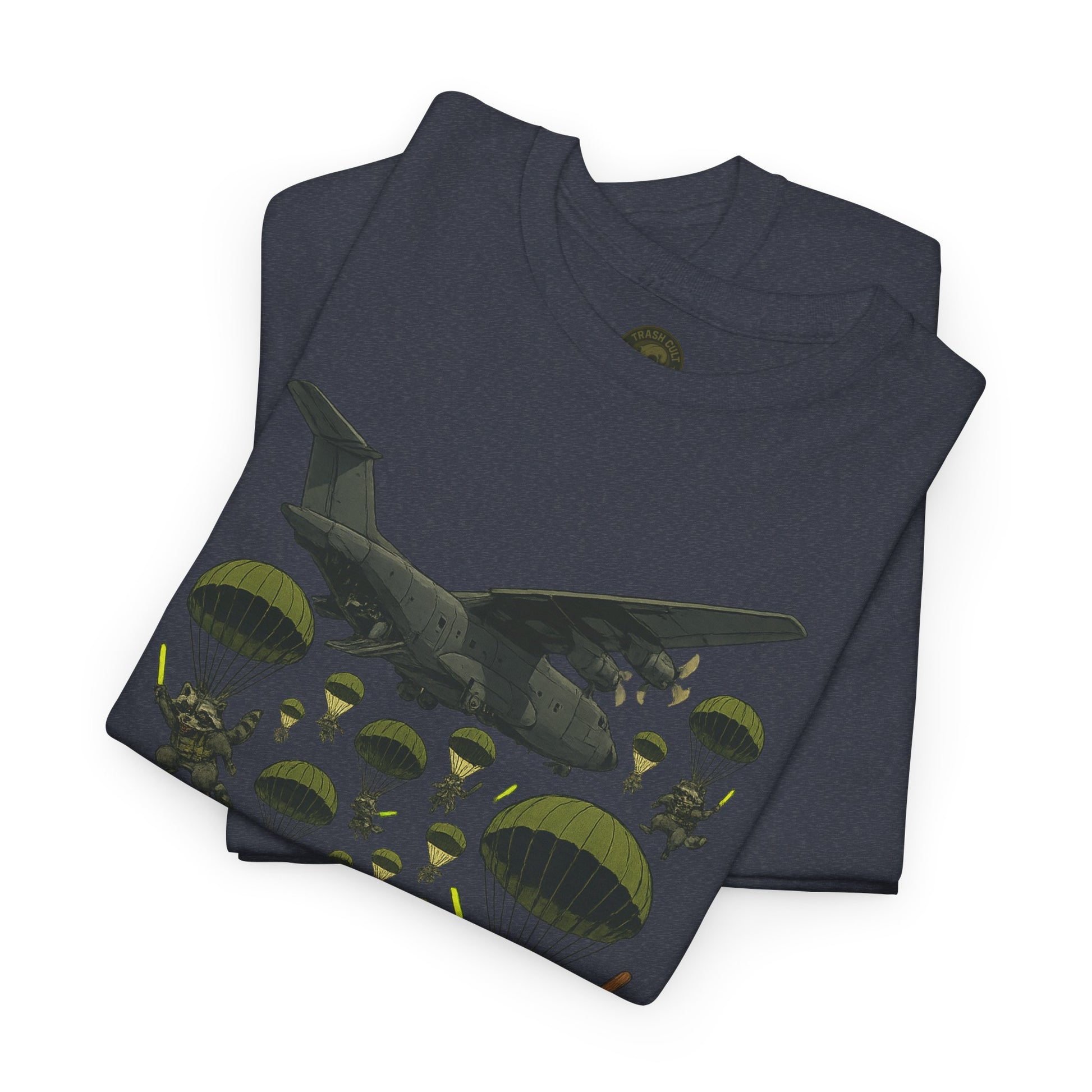 Deploy the Ferals T-Shirt – Airborne Raccoon Drop Graphic | Trash Cult Supply Co. | Gildan 5000 Heavy Cotton Tee