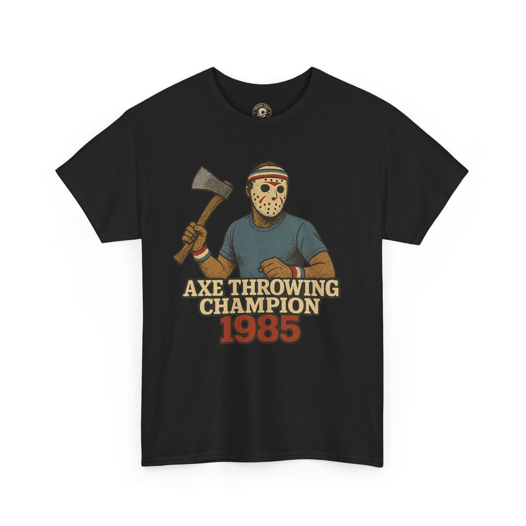 Jason Voorhees Axe Throwing Champion 1985 T-Shirt – Retro Slasher Workout Parody | Gildan 5000 Tee