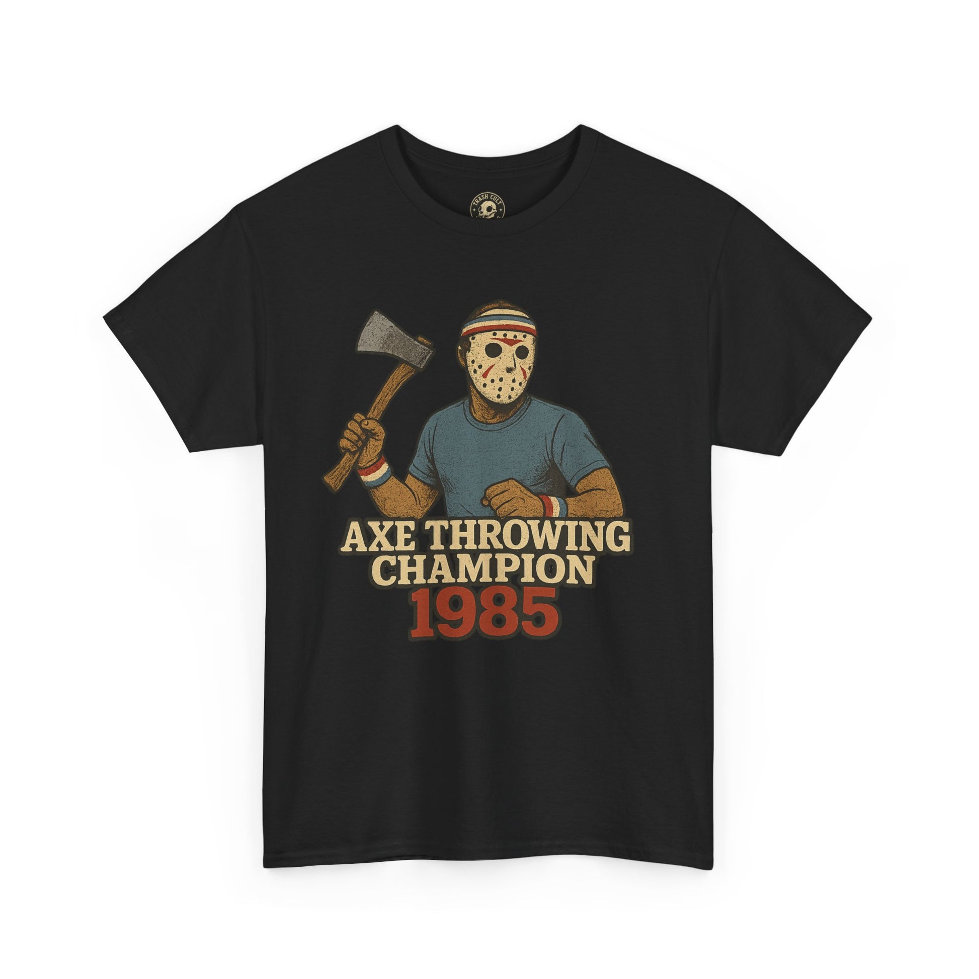 Jason Voorhees Axe Throwing Champion 1985 T-Shirt – Retro Slasher Workout Parody | Gildan 5000 Tee