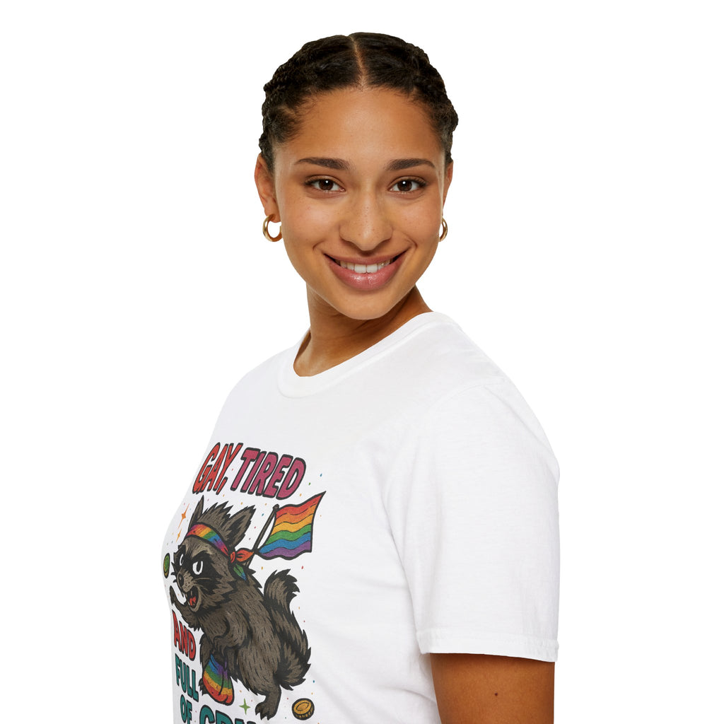 Gay, Tired, and Full of Crimes Raccoon Pride T-Shirt – Gildan Softstyle Unisex Tee