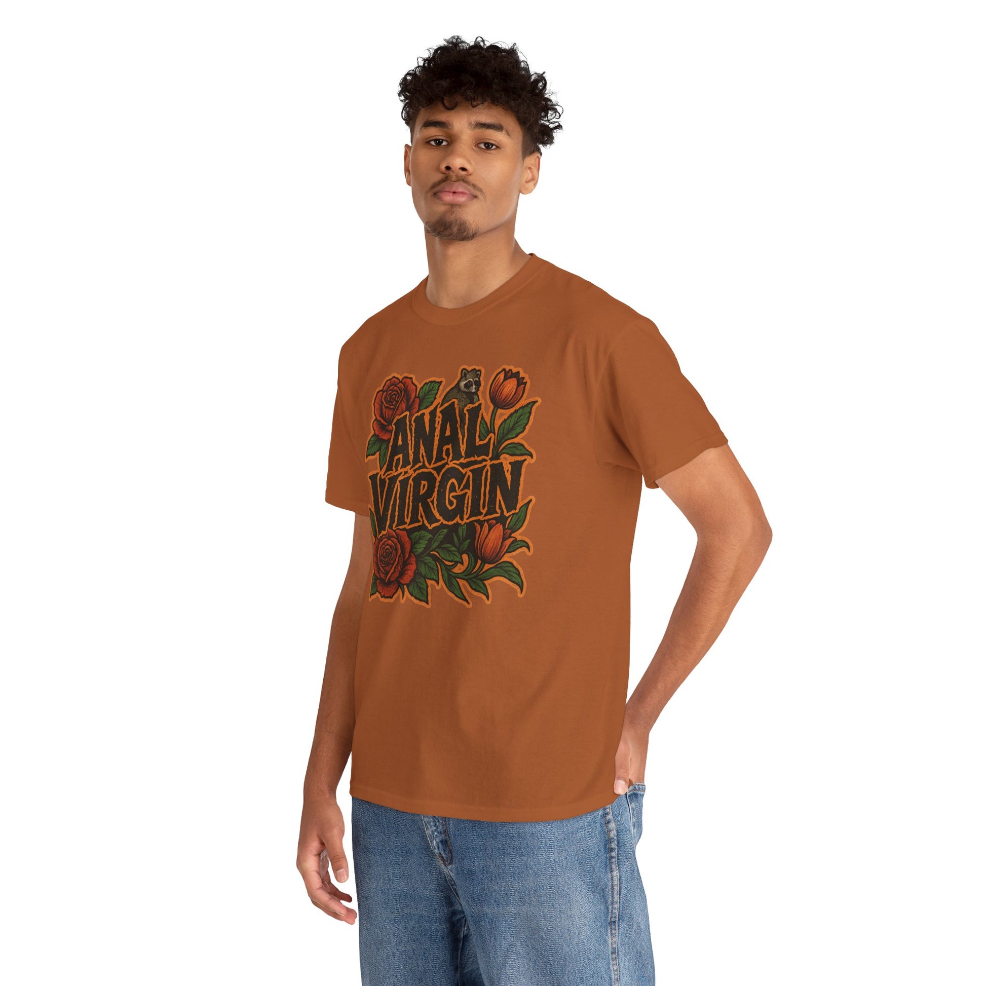 Anal Virgin Bold Floral Trashcore Tee – Funny Raccoon Shirt – Gildan 5000