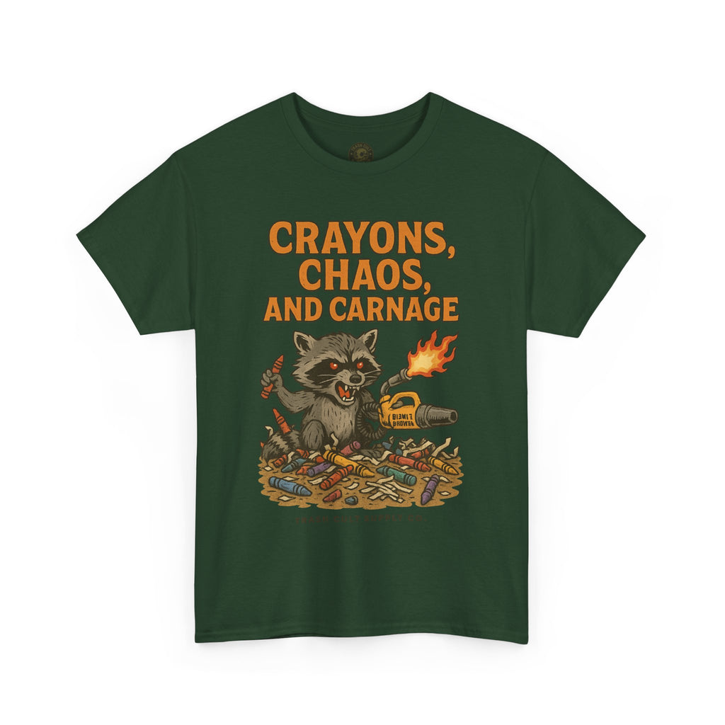 Crayons, Chaos, and Carnage T-Shirt – Dark Humor Raccoon Graphic | Trash Cult Supply Co. | Gildan 5000 Tee