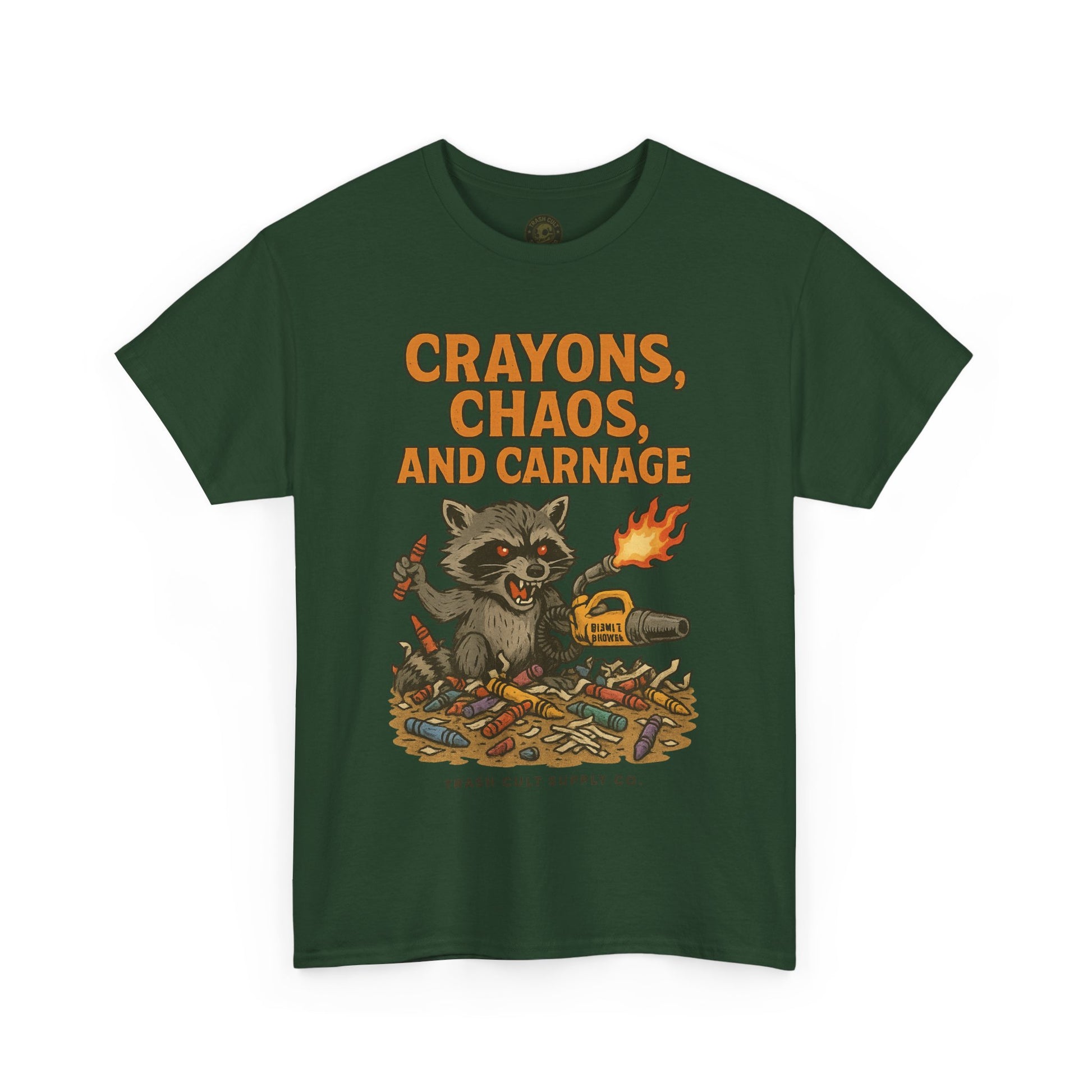 Crayons, Chaos, and Carnage T-Shirt – Dark Humor Raccoon Graphic | Trash Cult Supply Co. | Gildan 5000 Tee