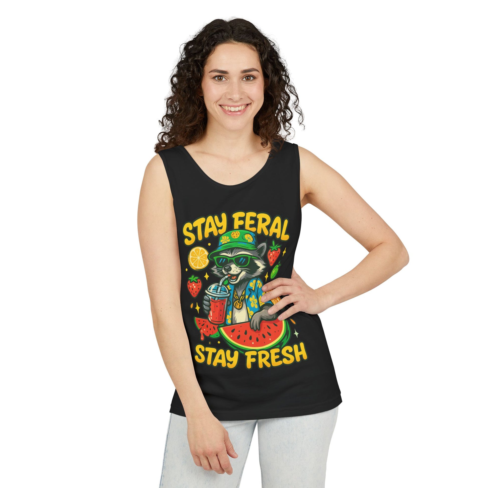Stay Feral Stay Fresh Tank Top, Summer Apparel, Unisex Graphic Tee, Beachwear, Fun Gift for Animal Lovers
