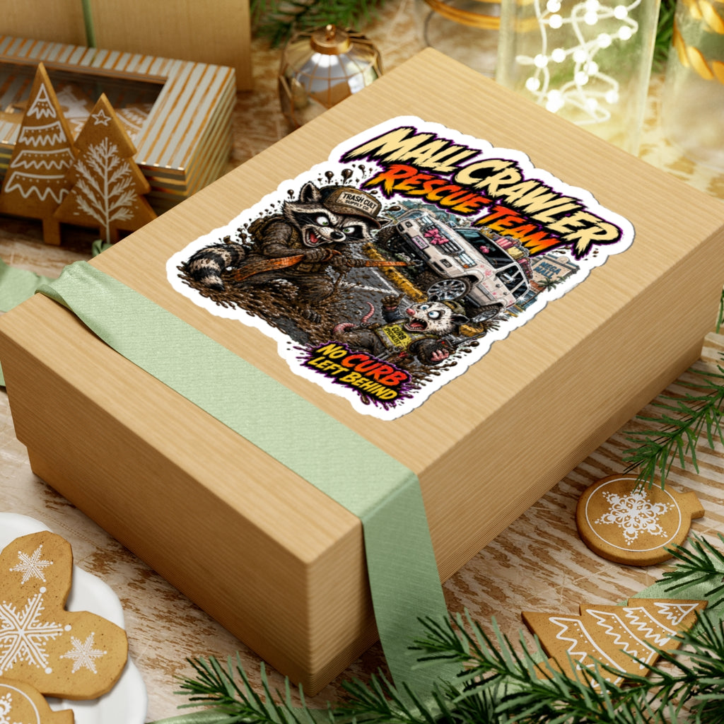 Mall Crawler Rescue Team Kiss-Cut Sticker – "No Curb Left Behind" Off‑Road Raccoon Design