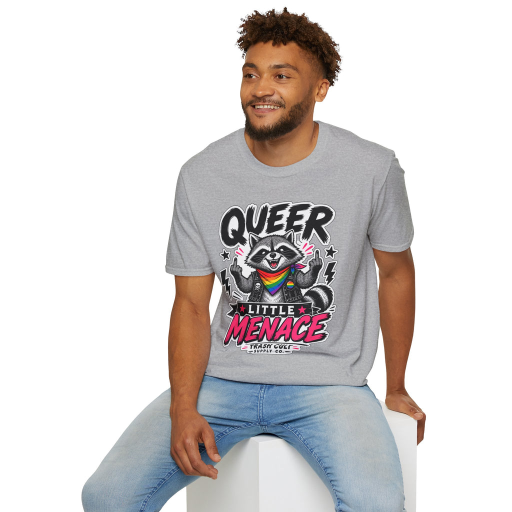 Queer Little Menace T-Shirt — Rainbow Raccoon Pride Graphic