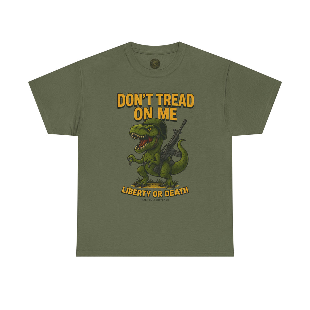 Don’t Tread On Me T-Rex T-Shirt – Liberty or Death Graphic | Trash Cult Supply Co. | Gildan 5000 Heavy Cotton