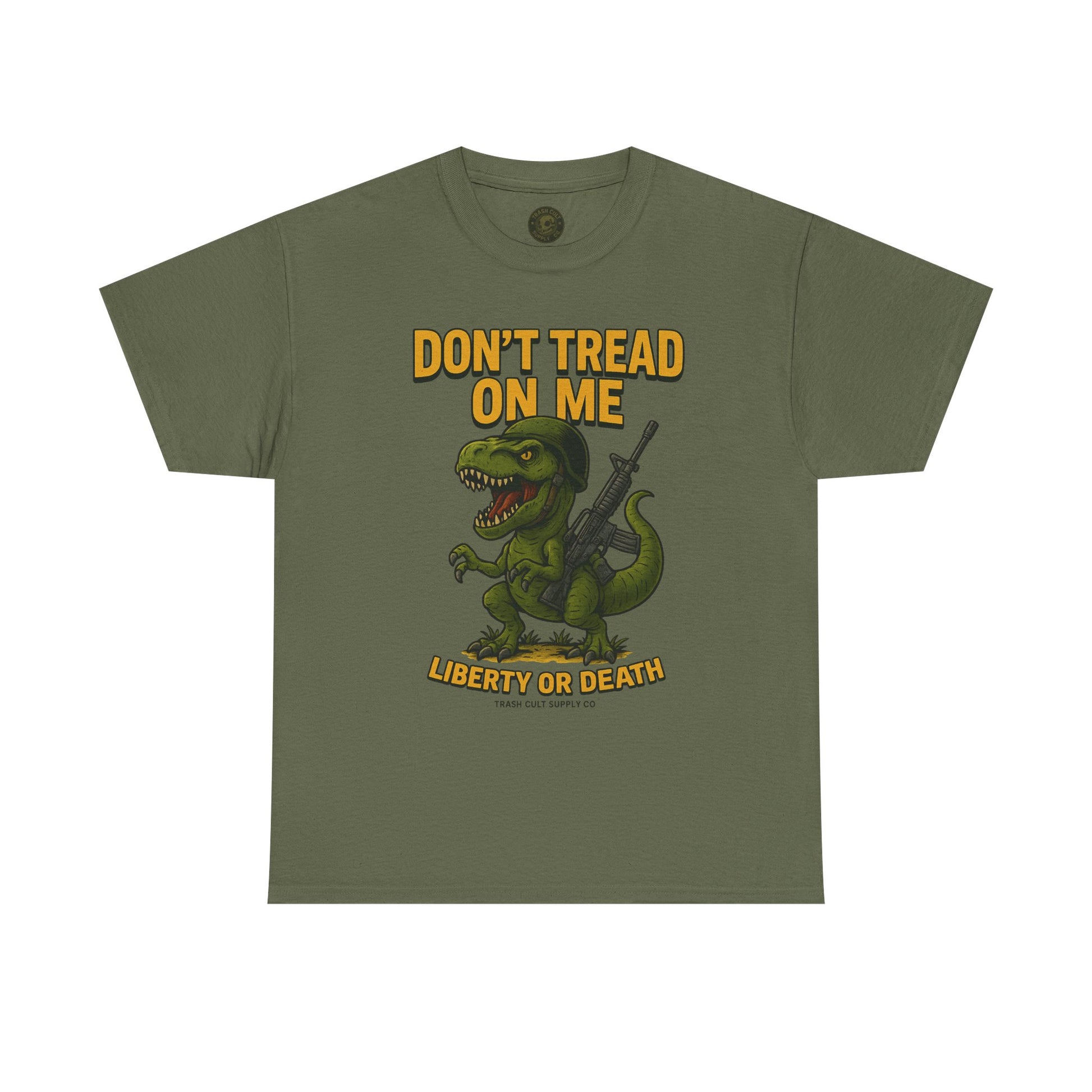 Don’t Tread On Me T-Rex T-Shirt – Liberty or Death Graphic | Trash Cult Supply Co. | Gildan 5000 Heavy Cotton