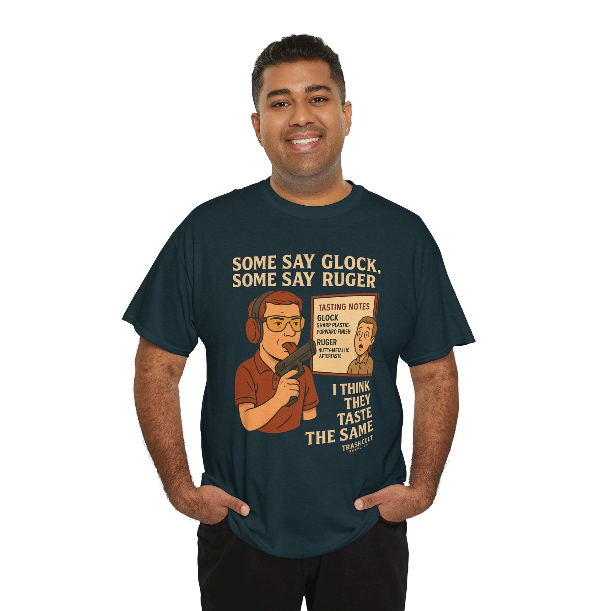 Glock vs Ruger Mouthfeel Shirt – Funny Gun Show Parody Tee | Dark Humor Firearm Tasting Notes Shirt