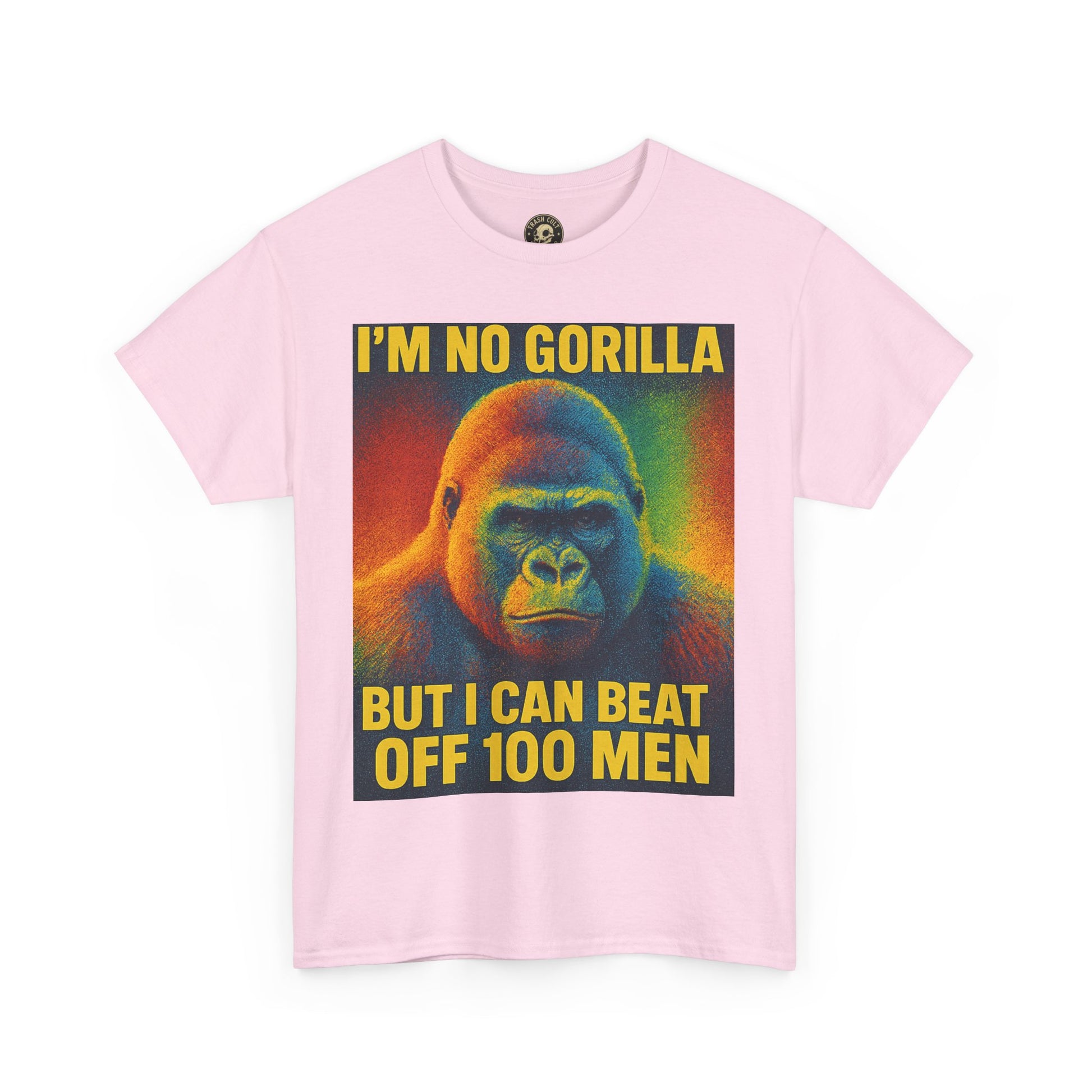 I’m No Gorilla But I Can Beat Off 100 Men Shirt – Multicolor Halftone Gorilla Tee on Gildan 5000