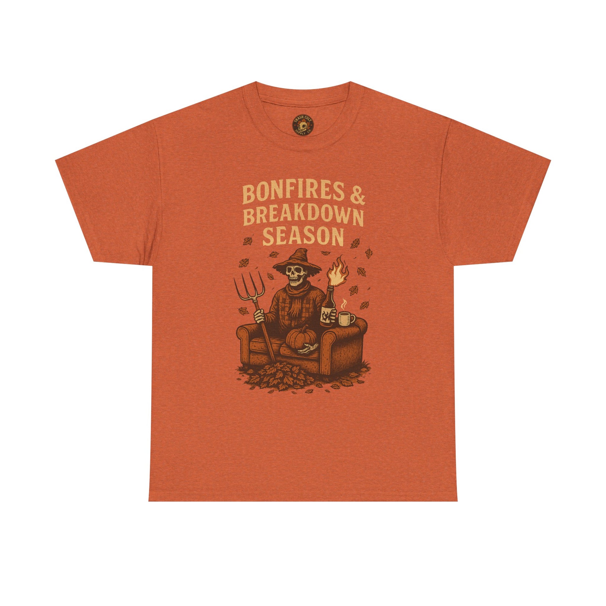 Bonfires & Breakdown Season Shirt – Skeleton Couch Chaos Tee – Fall of Humanity Collection – Trash Cult Supply Co.