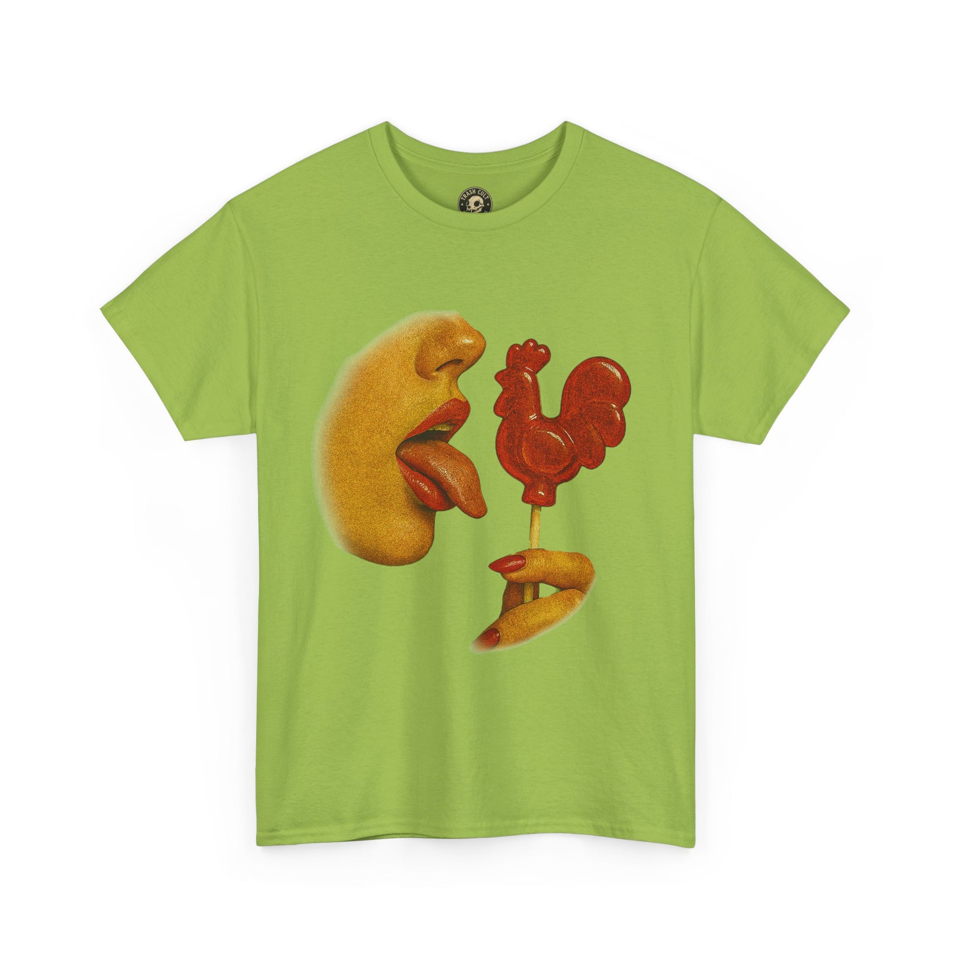 Bold Retro Halftone Tease – Red Rooster Lollipop Graphic Tee