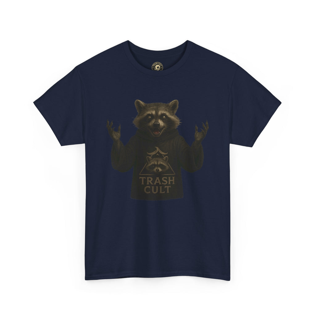 Raccoon Cult Leader Shirt – Trash Cult Unhinged Mascot Tee for Dark Fabrics | Gildan 5000