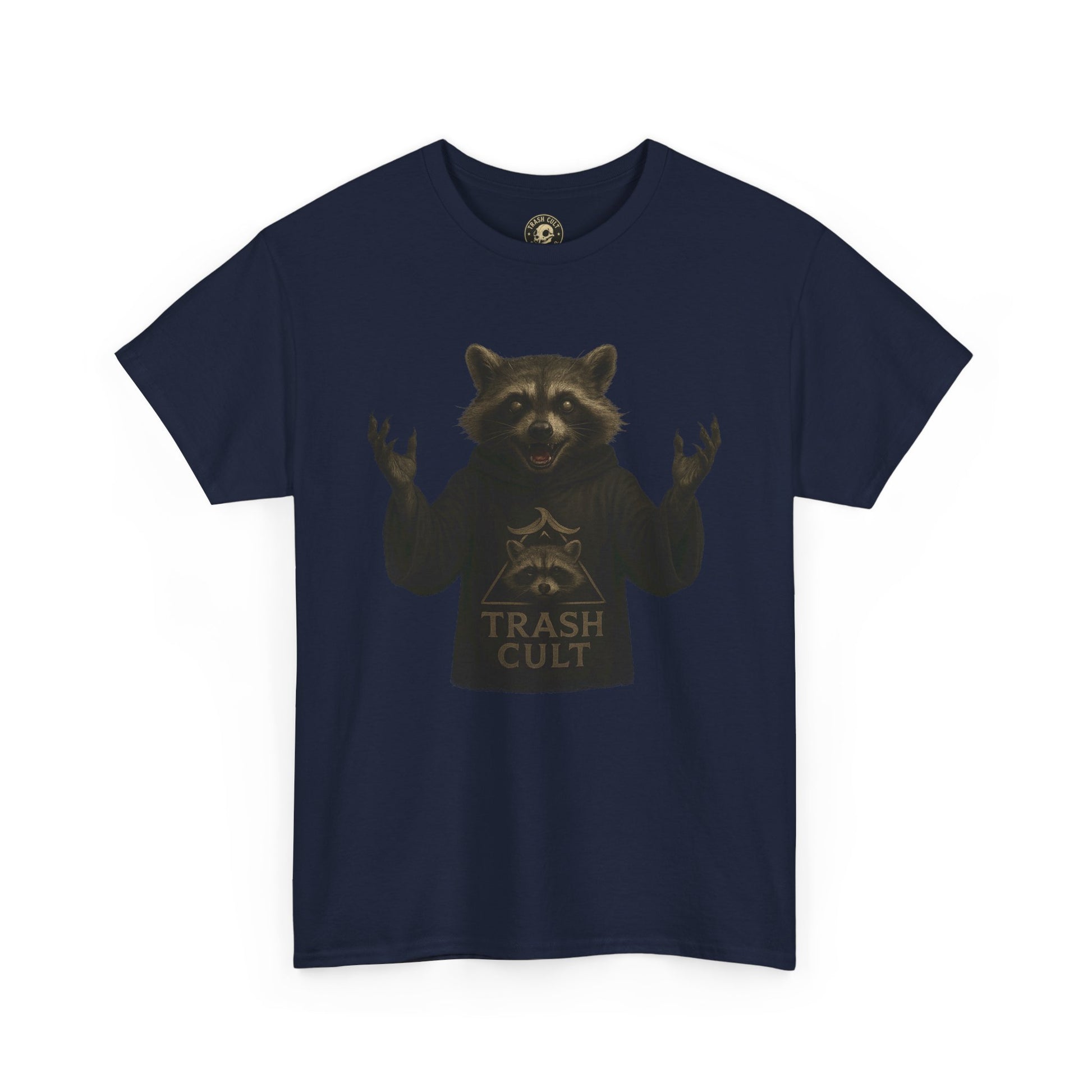 Raccoon Cult Leader Shirt – Trash Cult Unhinged Mascot Tee for Dark Fabrics | Gildan 5000